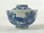 Japanese Porcelain Chawan Lidded Bowl Vtg Blue Birds Foliage Pottery PY497