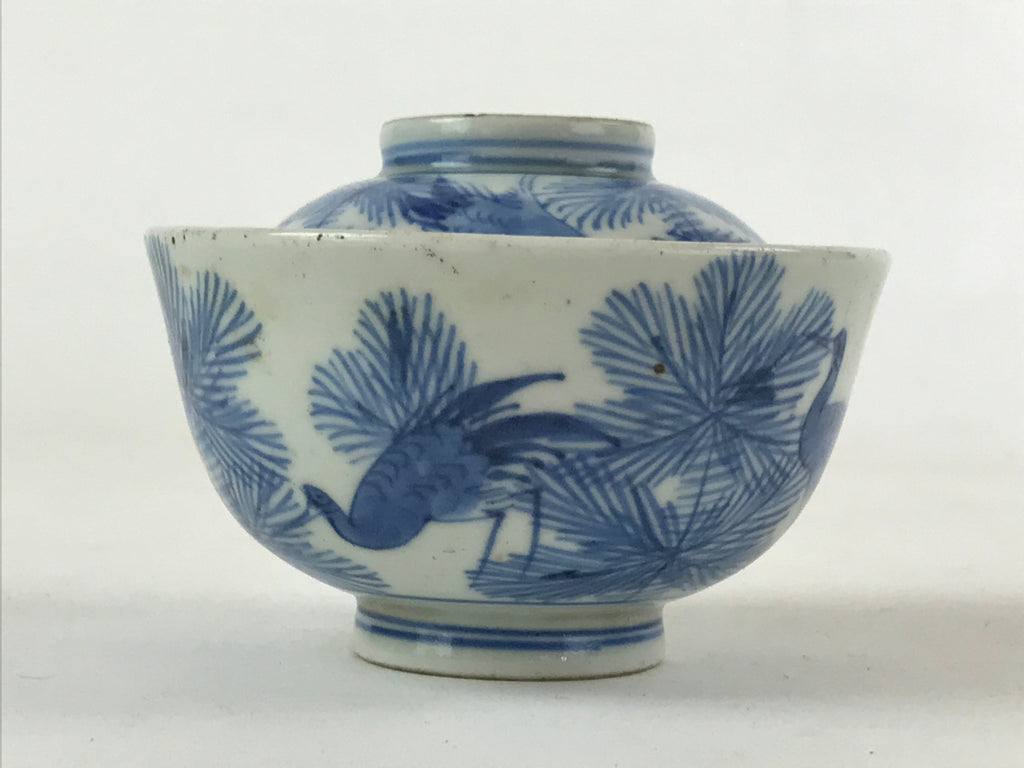 Japanese Porcelain Chawan Lidded Bowl Vtg Blue Birds Foliage Pottery PY497