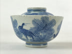 Japanese Porcelain Chawan Lidded Bowl Vtg Blue Birds Foliage Pottery PY497