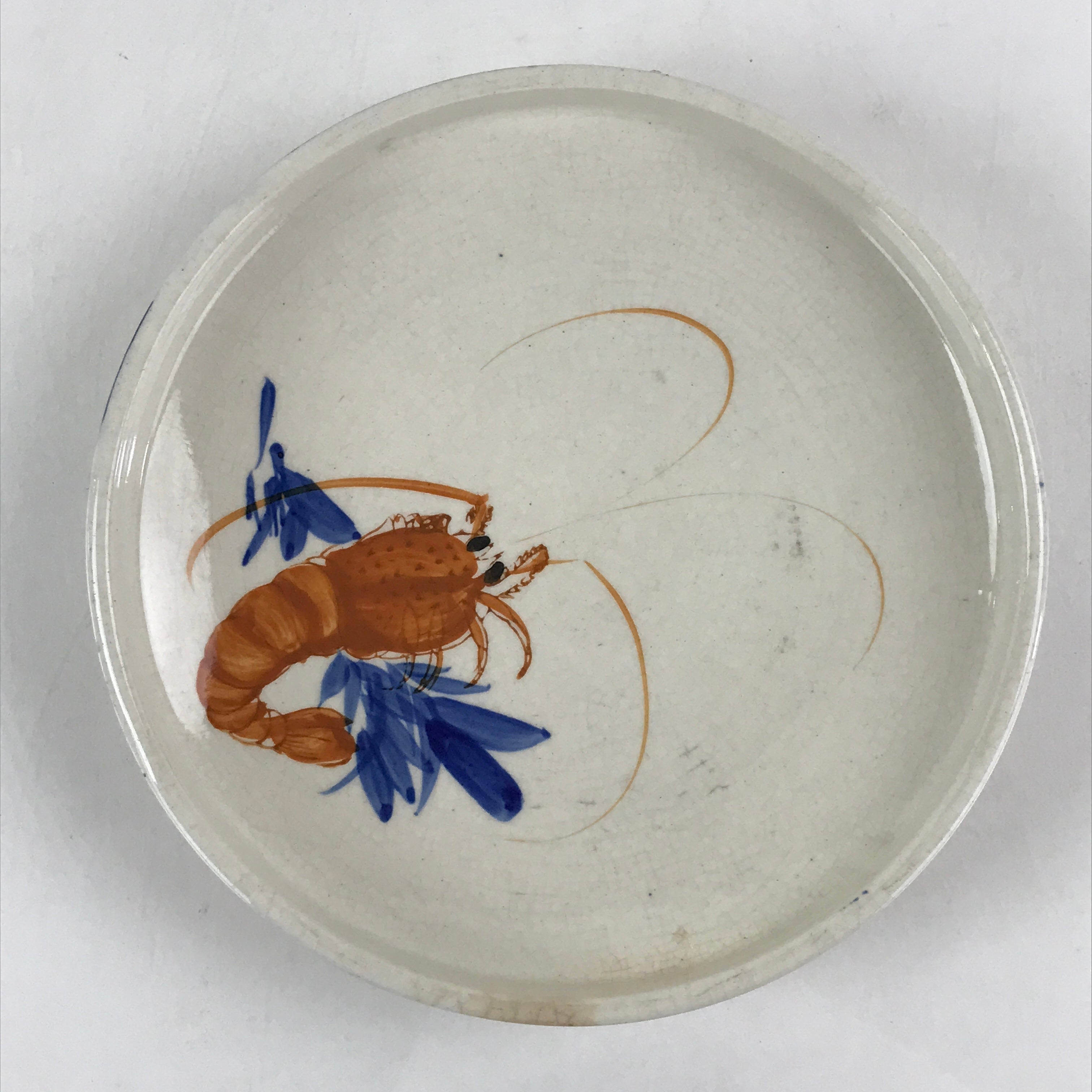 Japanese Porcelain Deep Plate Shallow Bowl Vtg Hand Painted Shrimp White PY443