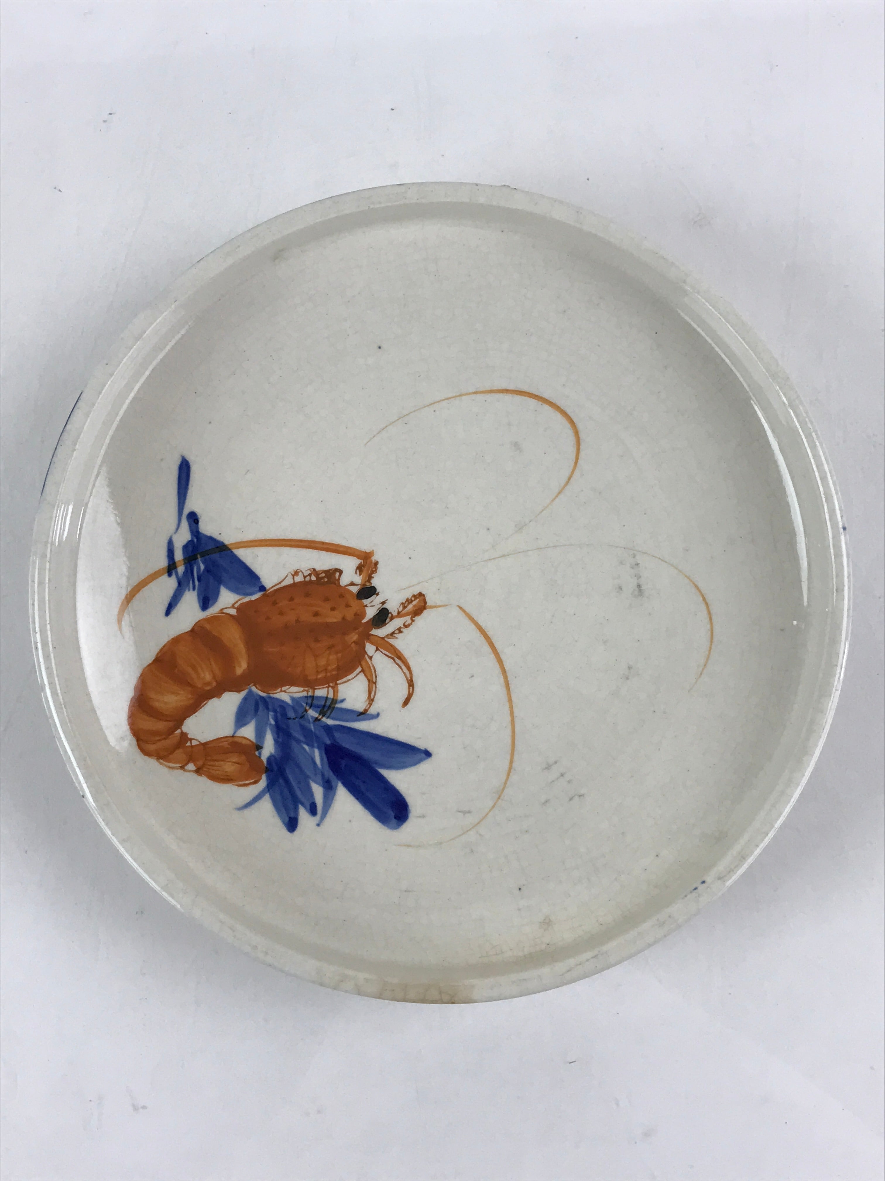 Japanese Porcelain Deep Plate Shallow Bowl Vtg Hand Painted Shrimp White PY443