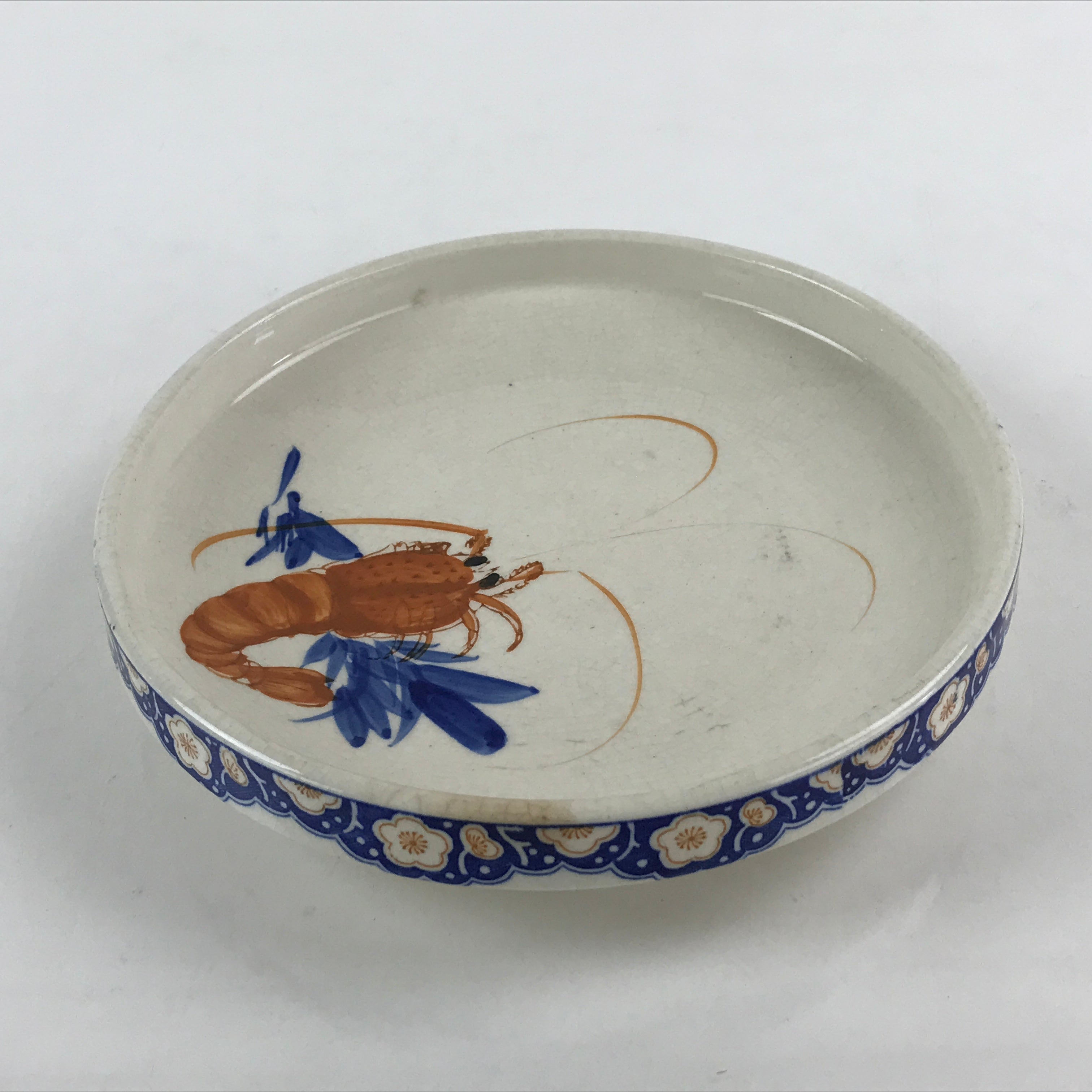 Japanese Porcelain Deep Plate Shallow Bowl Vtg Hand Painted Shrimp White PY443