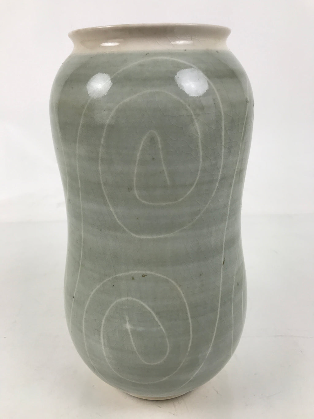 Japanese Porcelain Flower Vase Ikebana Kabin Vtg Swirl Gourd Light Gray FK183