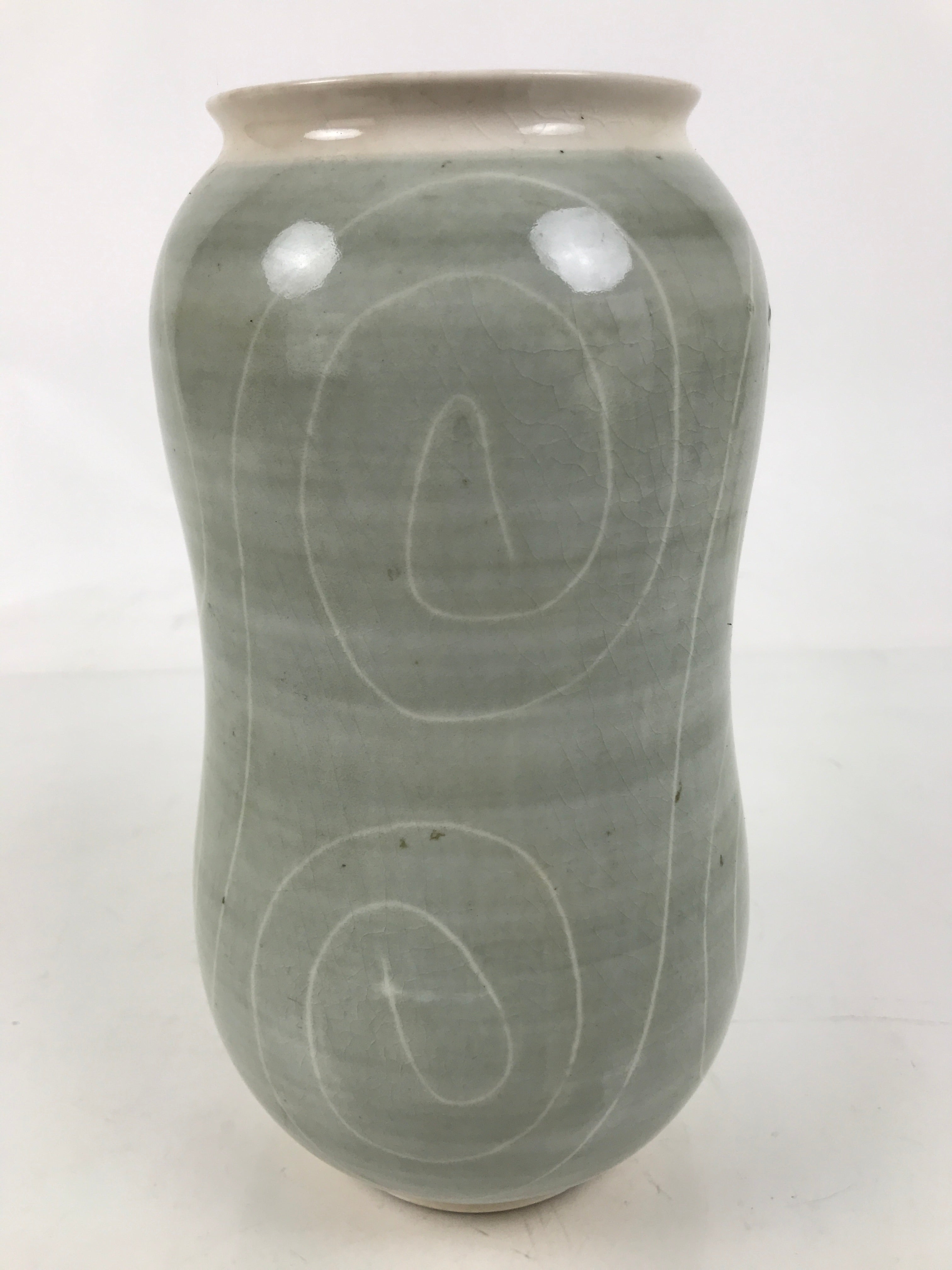 Japanese Porcelain Flower Vase Ikebana Kabin Vtg Swirl Gourd Light Gray FK183