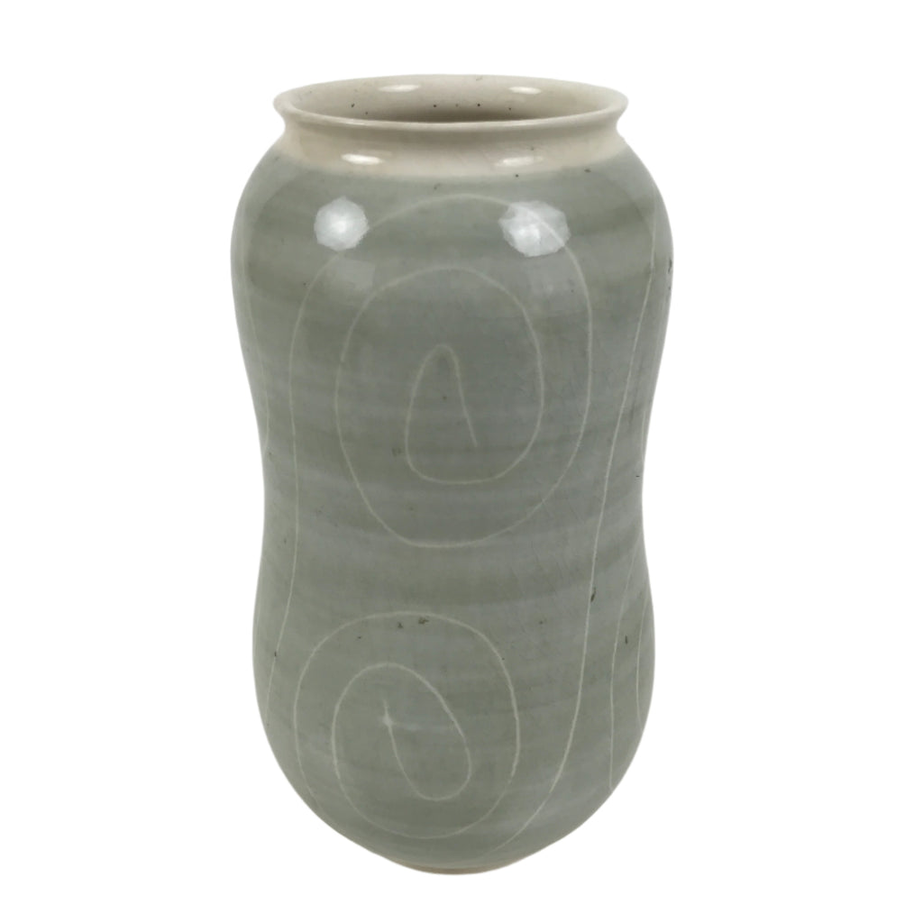 Japanese Porcelain Flower Vase Ikebana Kabin Vtg Swirl Gourd Light Gray FK183