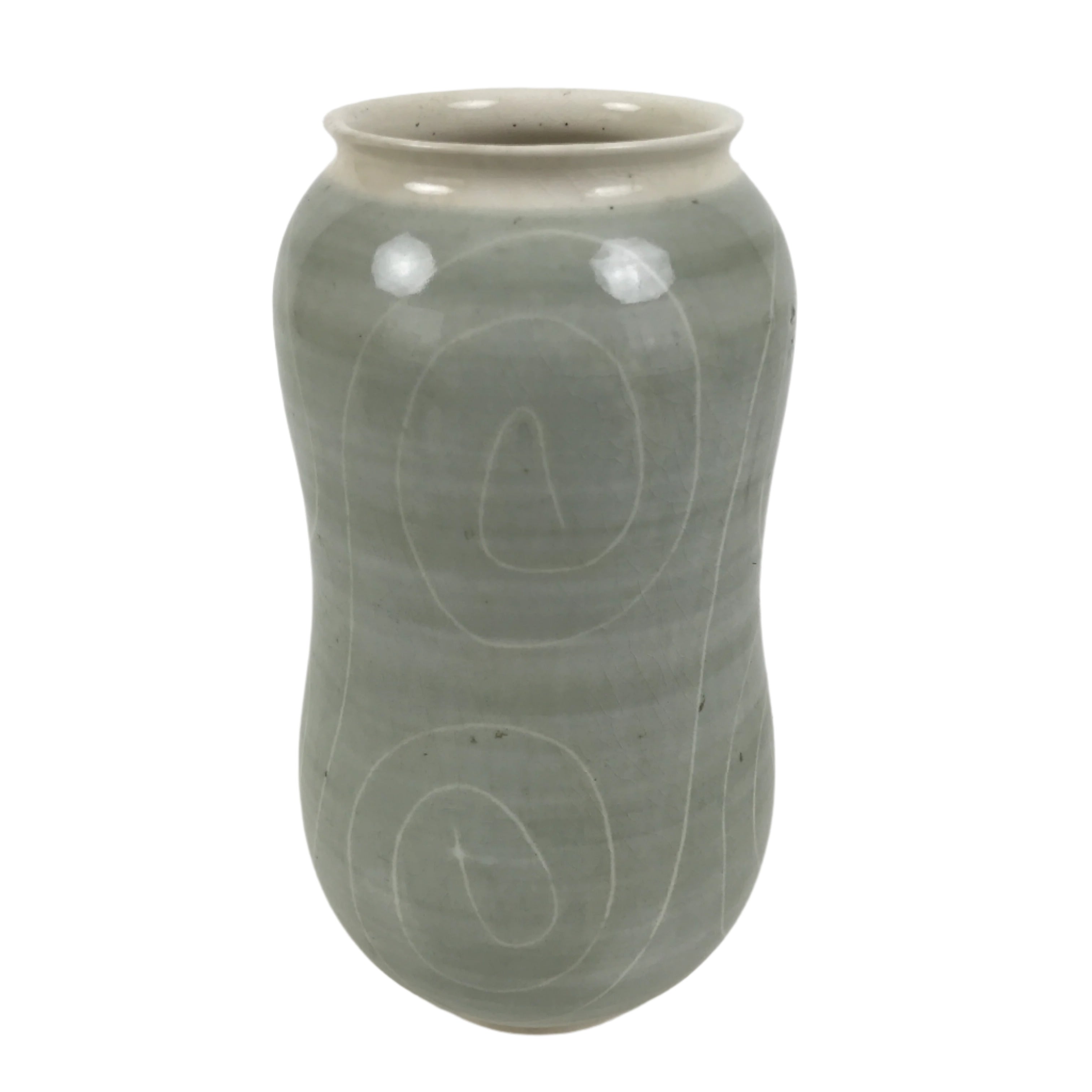 Japanese Porcelain Flower Vase Ikebana Kabin Vtg Swirl Gourd Light Gray FK183
