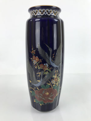 Japanese Porcelain Flower Vase Kutani Ware Vtg Cobalt Blue Birds Flowers FK102