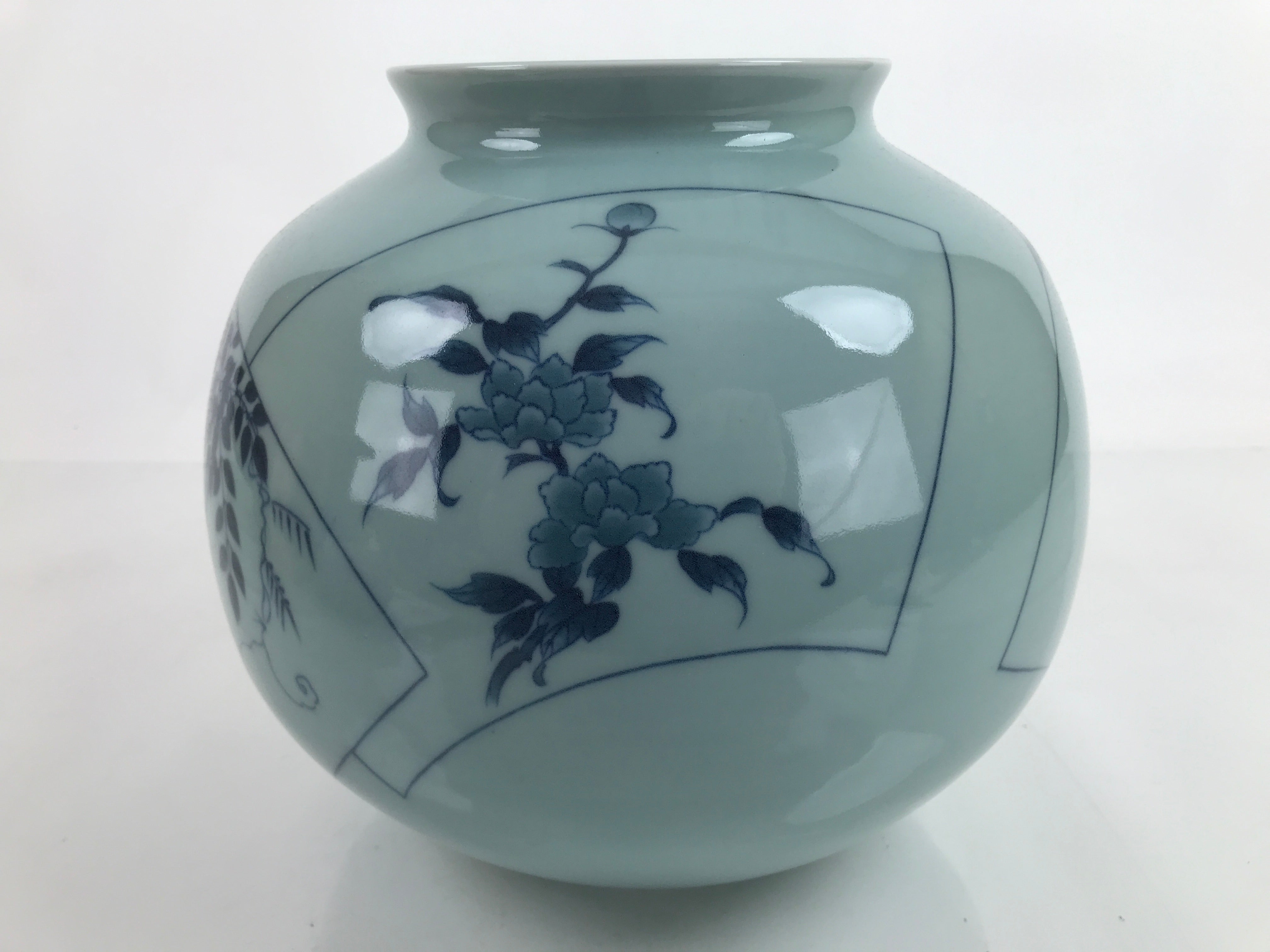 Japanese Porcelain Flower Vase Vtg Big Round Floral Blue Light Green Boxed PX745