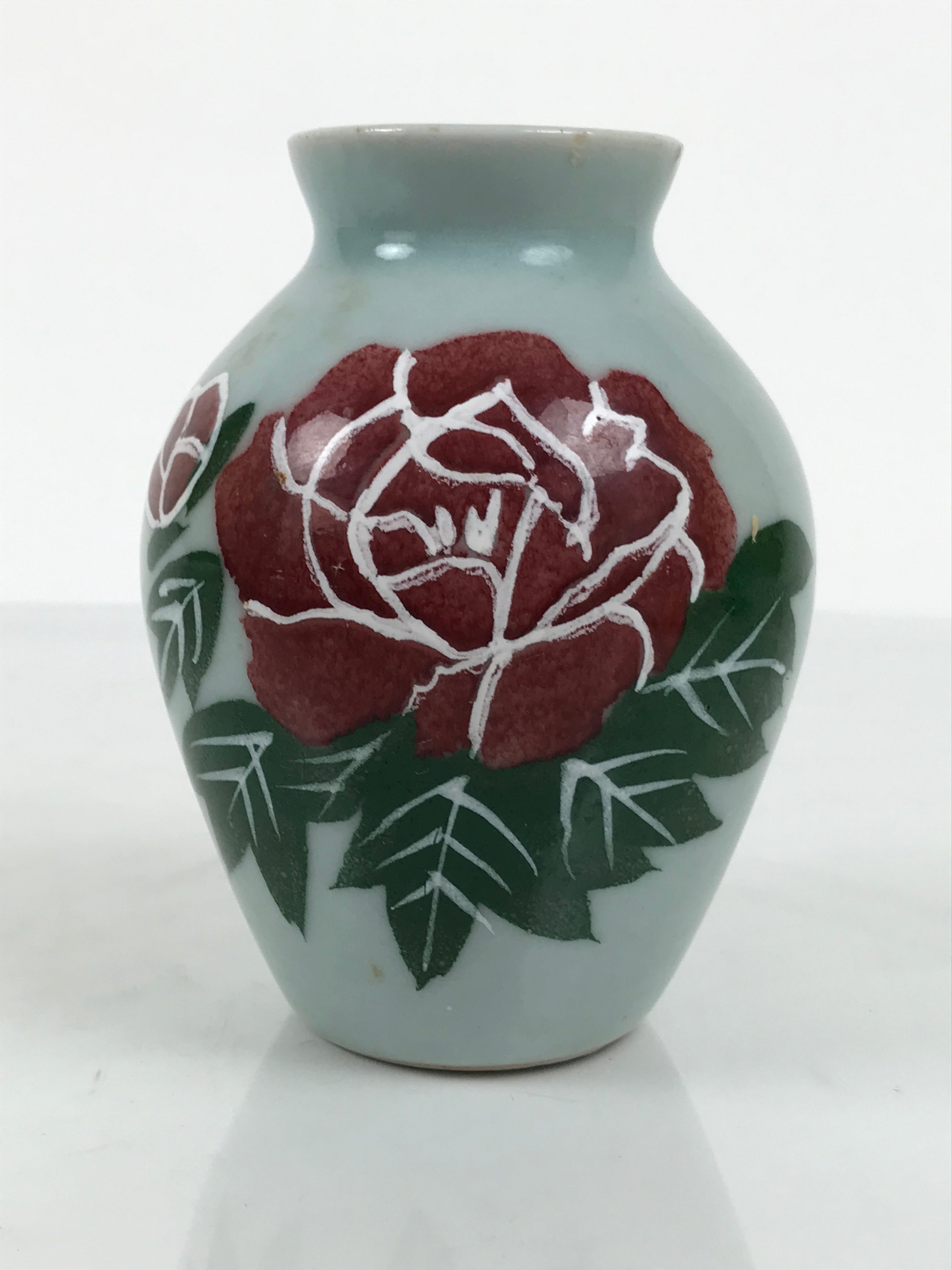 Japanese Porcelain Flower Vase Vtg Celadon Green Kabin Seiji Peony Floral FK235