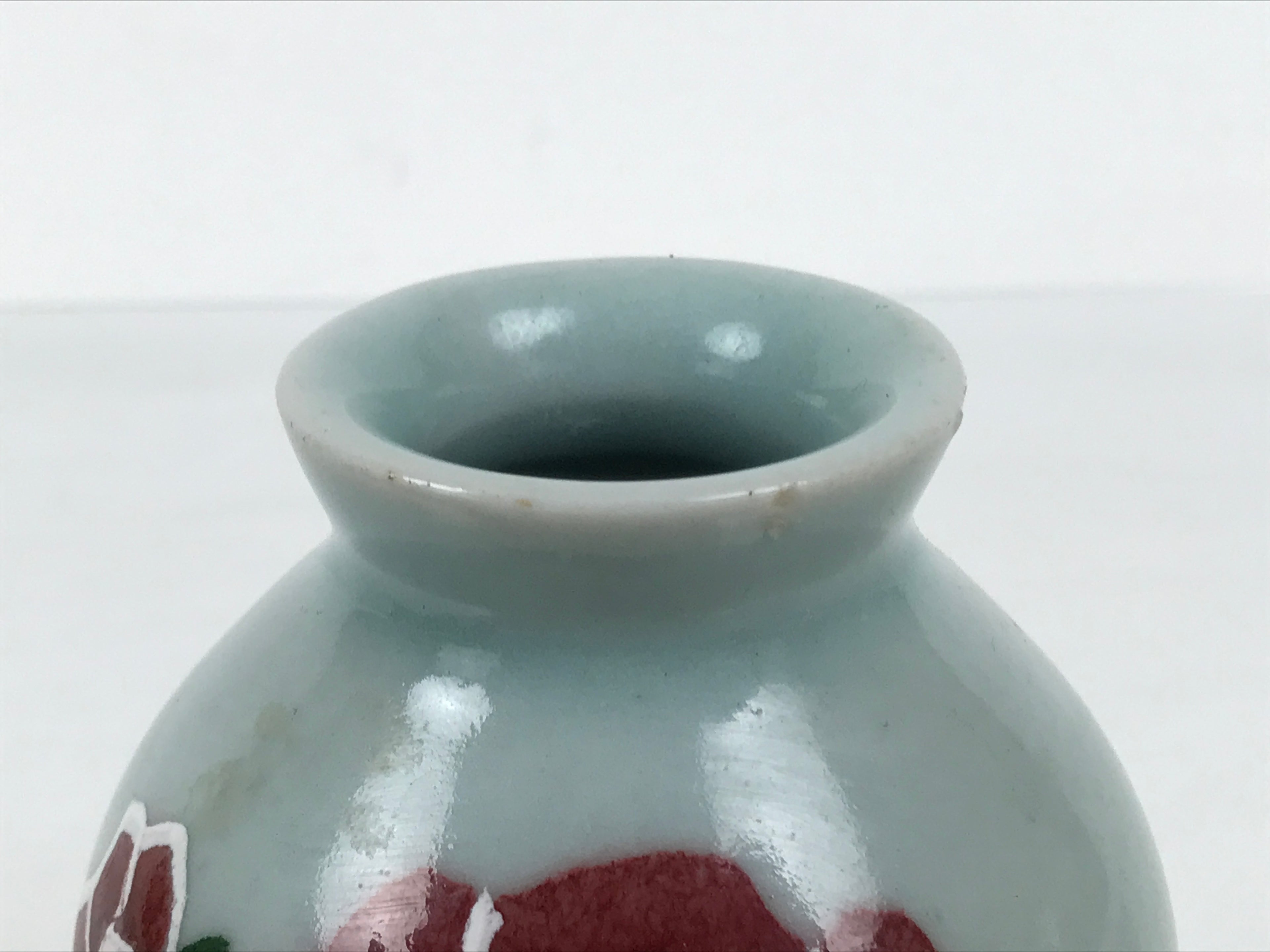 Japanese Porcelain Flower Vase Vtg Celadon Green Kabin Seiji Peony Floral FK235