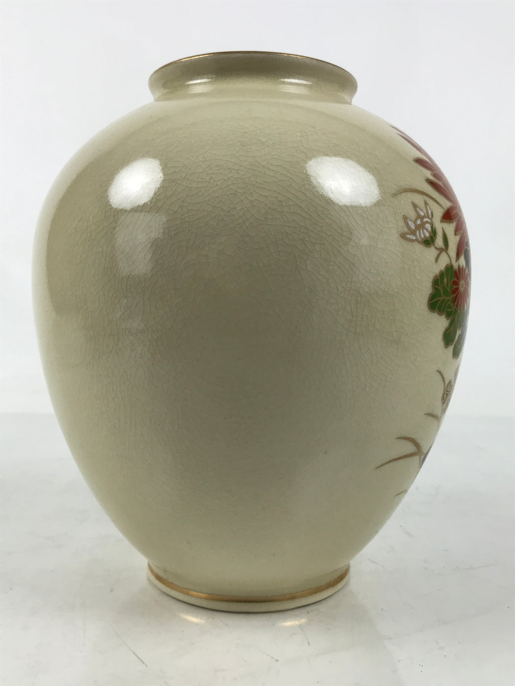 Japanese Porcelain Flower Vase Vtg Ikebana Kabin Chrysanthemum Beige Red FK175