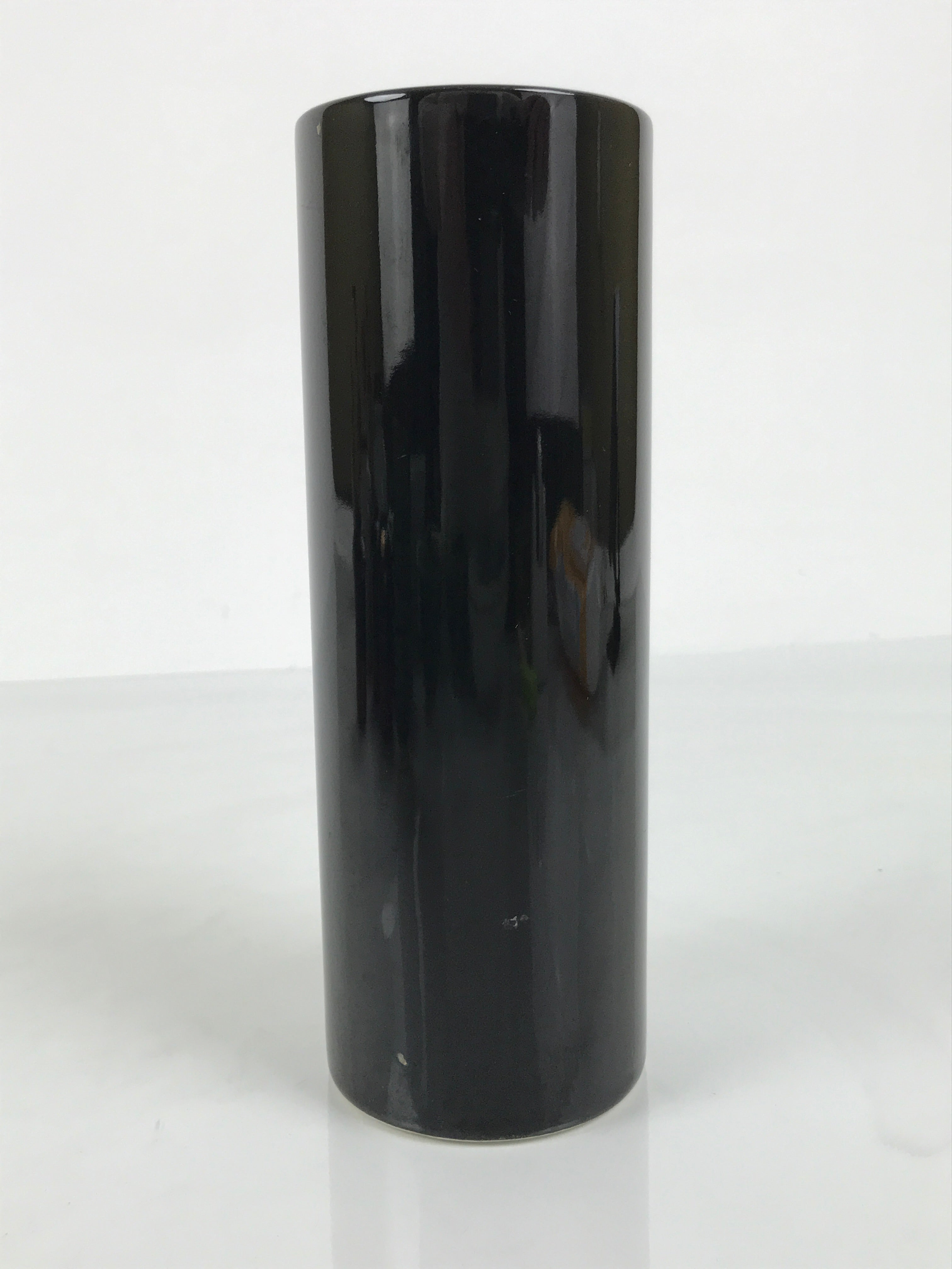 Japanese Porcelain Flower Vase Vtg Ikebana Kabin Glossy Black Cylinder FK234
