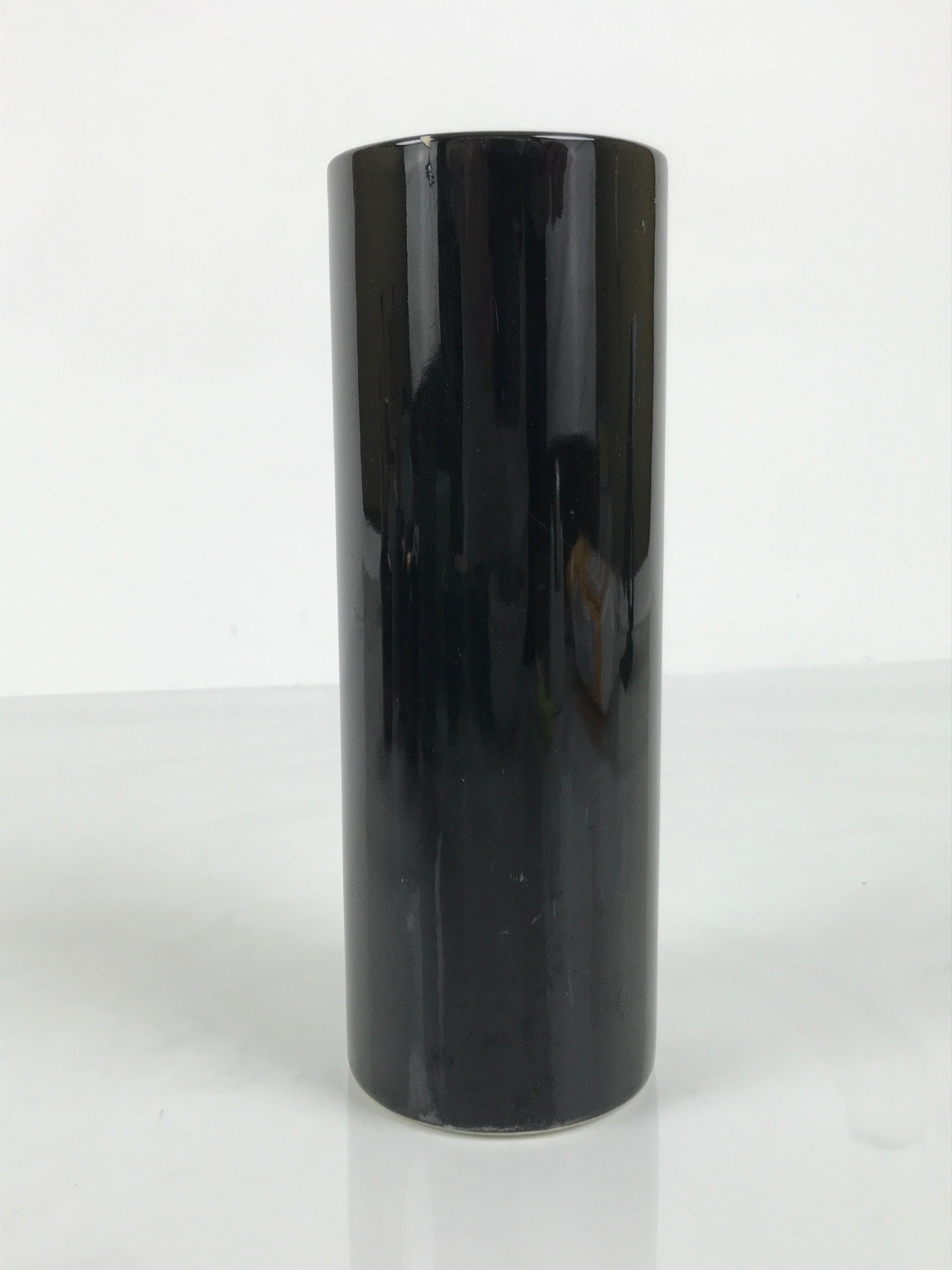 Japanese Porcelain Flower Vase Vtg Ikebana Kabin Glossy Black Cylinder FK234