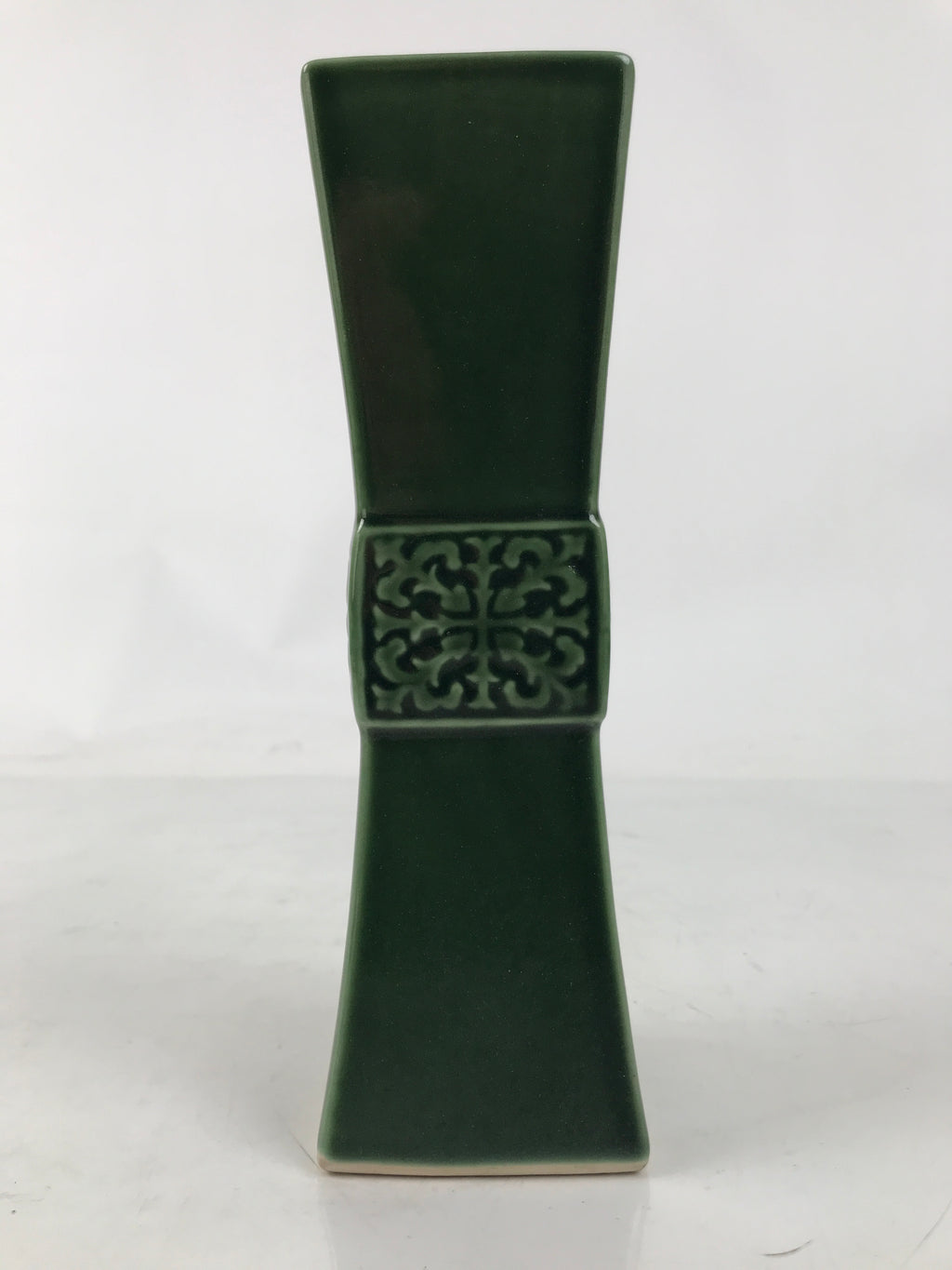 Japanese Porcelain Flower Vase Vtg Ikebana Kabin Green Square Crest Slim FK178