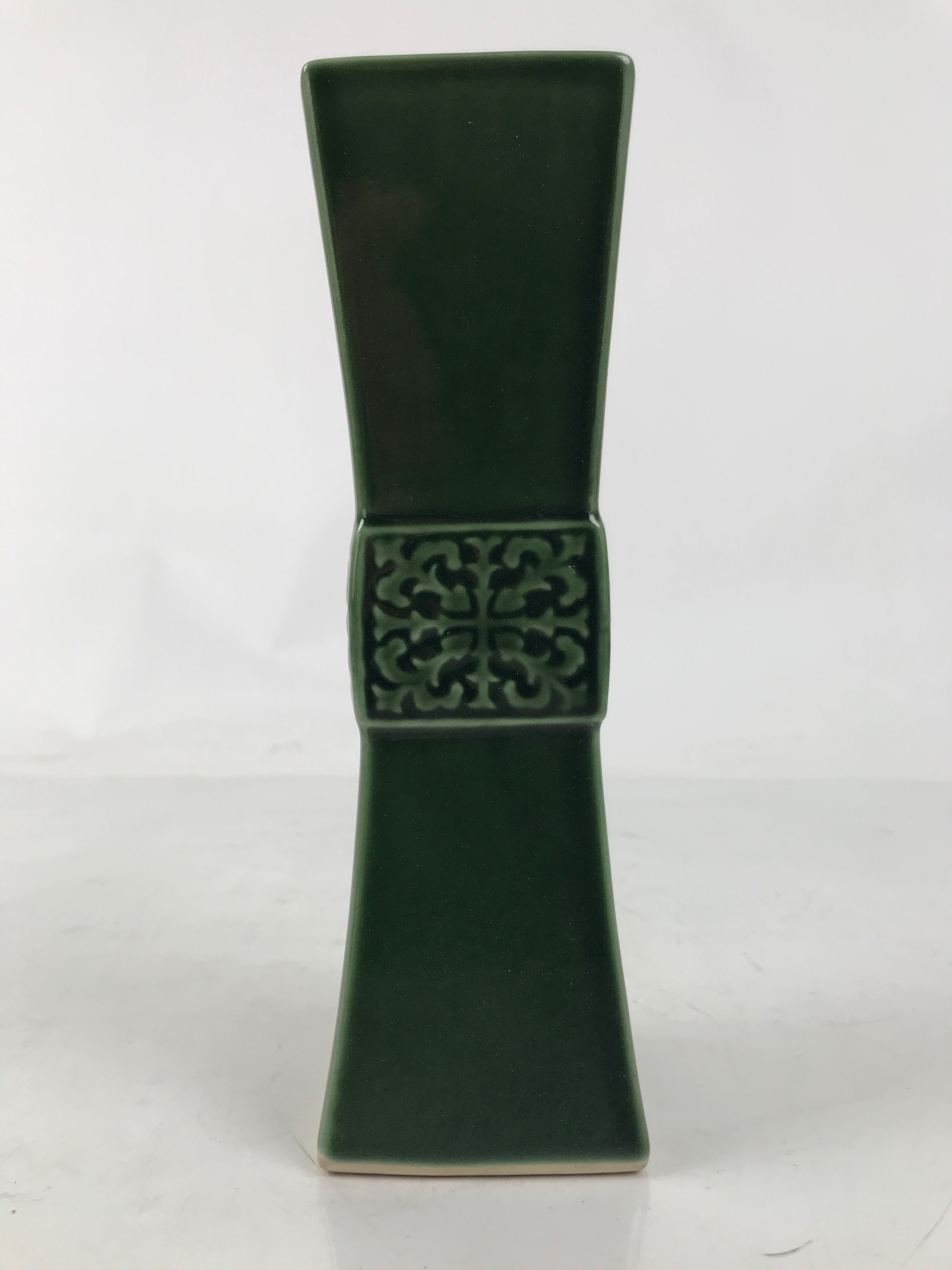 Japanese Porcelain Flower Vase Vtg Ikebana Kabin Green Square Crest Slim FK178