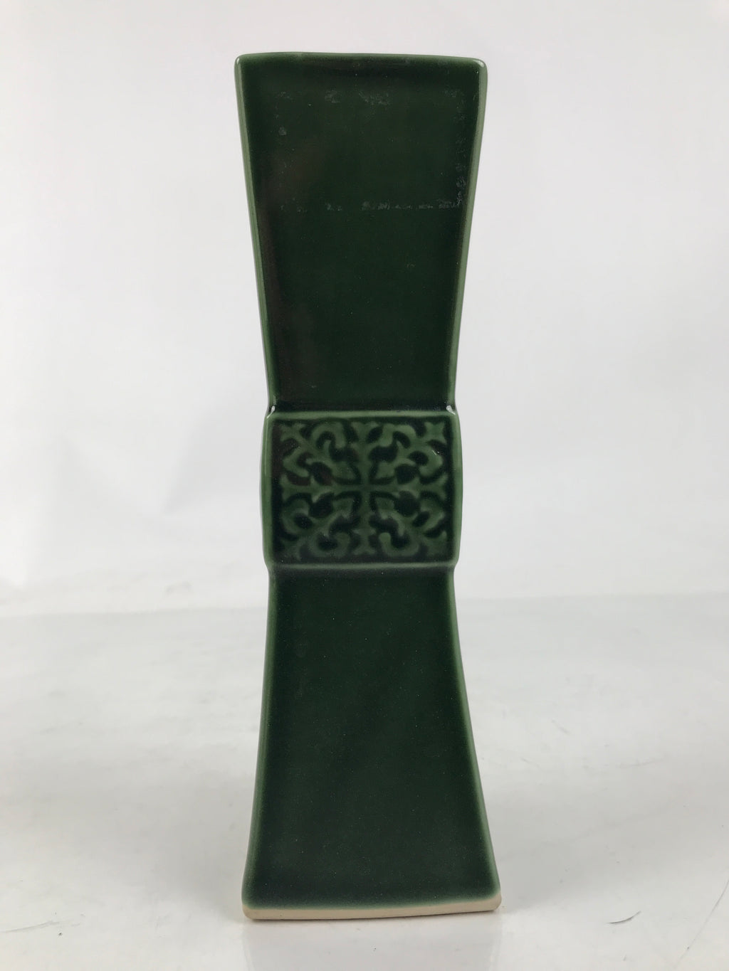 Japanese Porcelain Flower Vase Vtg Ikebana Kabin Green Square Crest Slim FK178