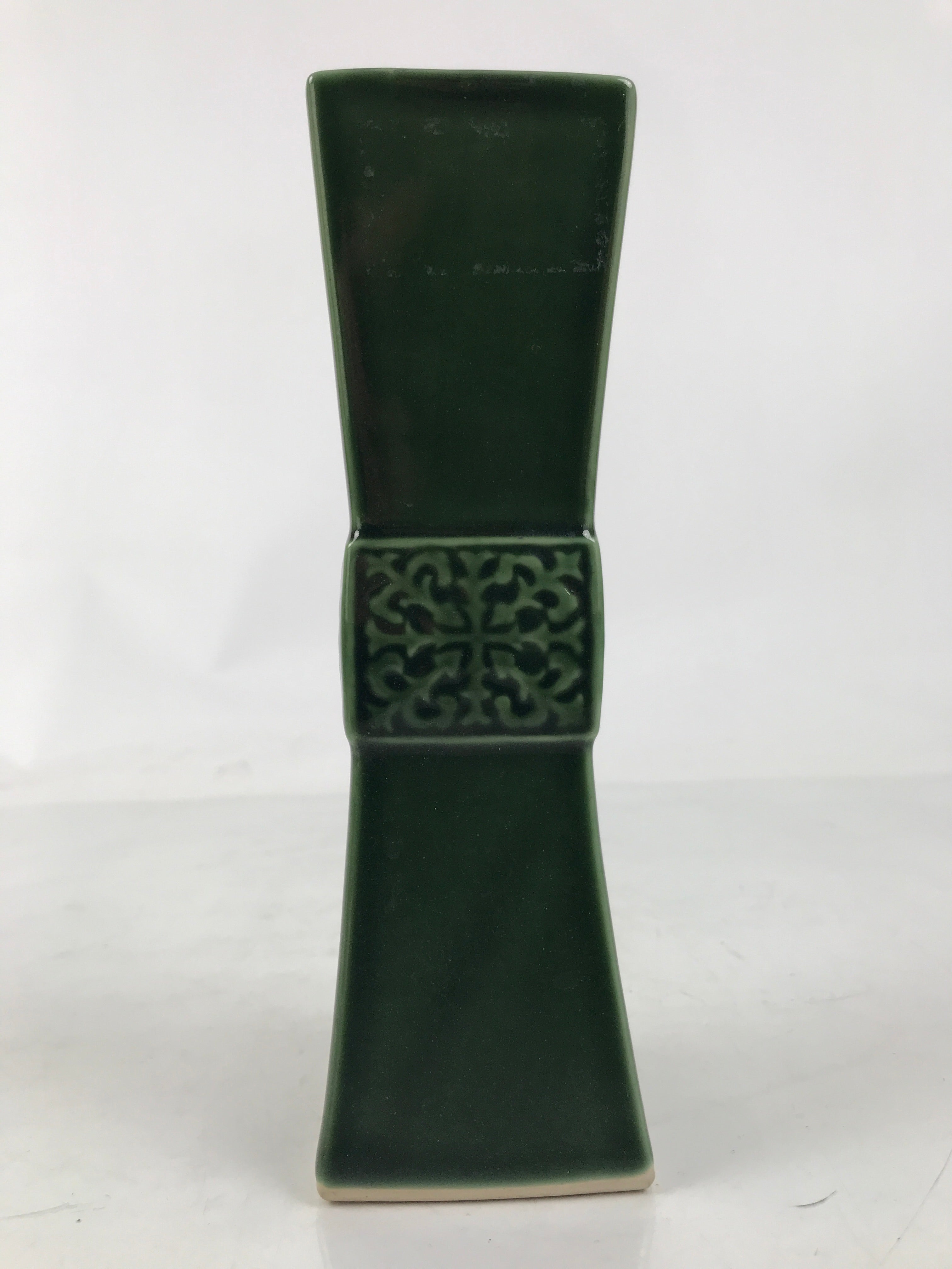 Japanese Porcelain Flower Vase Vtg Ikebana Kabin Green Square Crest Slim FK178