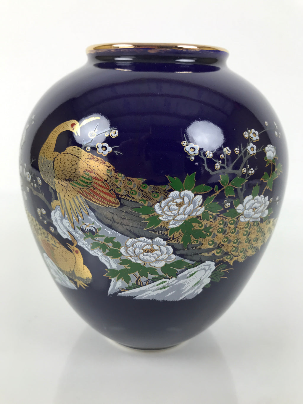 Japanese Porcelain Flower Vase Vtg Kabin Blue Peacock Bird Gold Floral FK218
