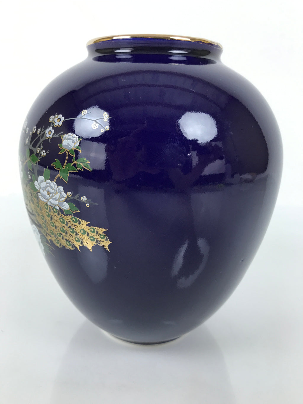 Japanese Porcelain Flower Vase Vtg Kabin Blue Peacock Bird Gold Floral FK218