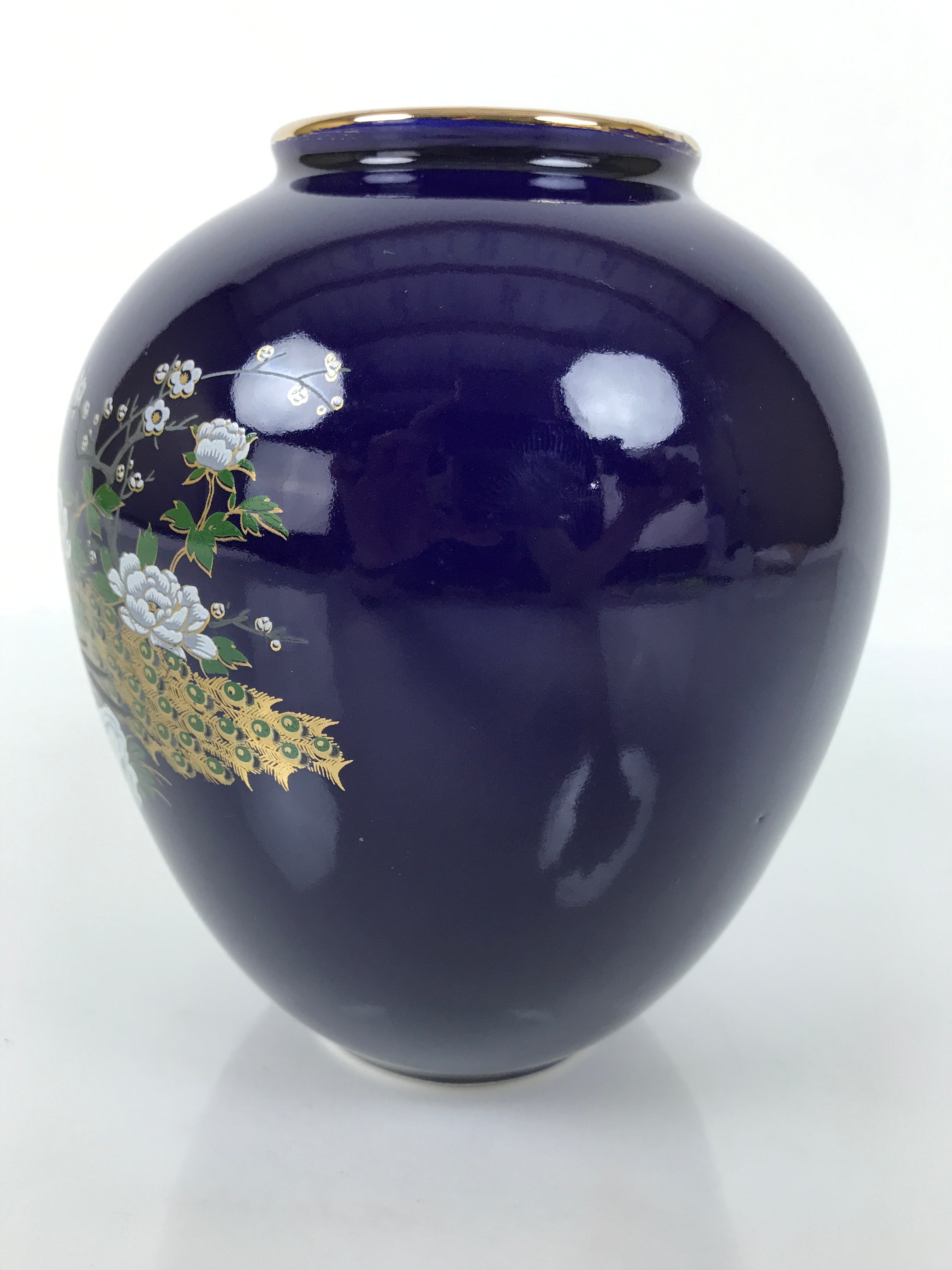 Japanese Porcelain Flower Vase Vtg Kabin Blue Peacock Bird Gold Floral FK218