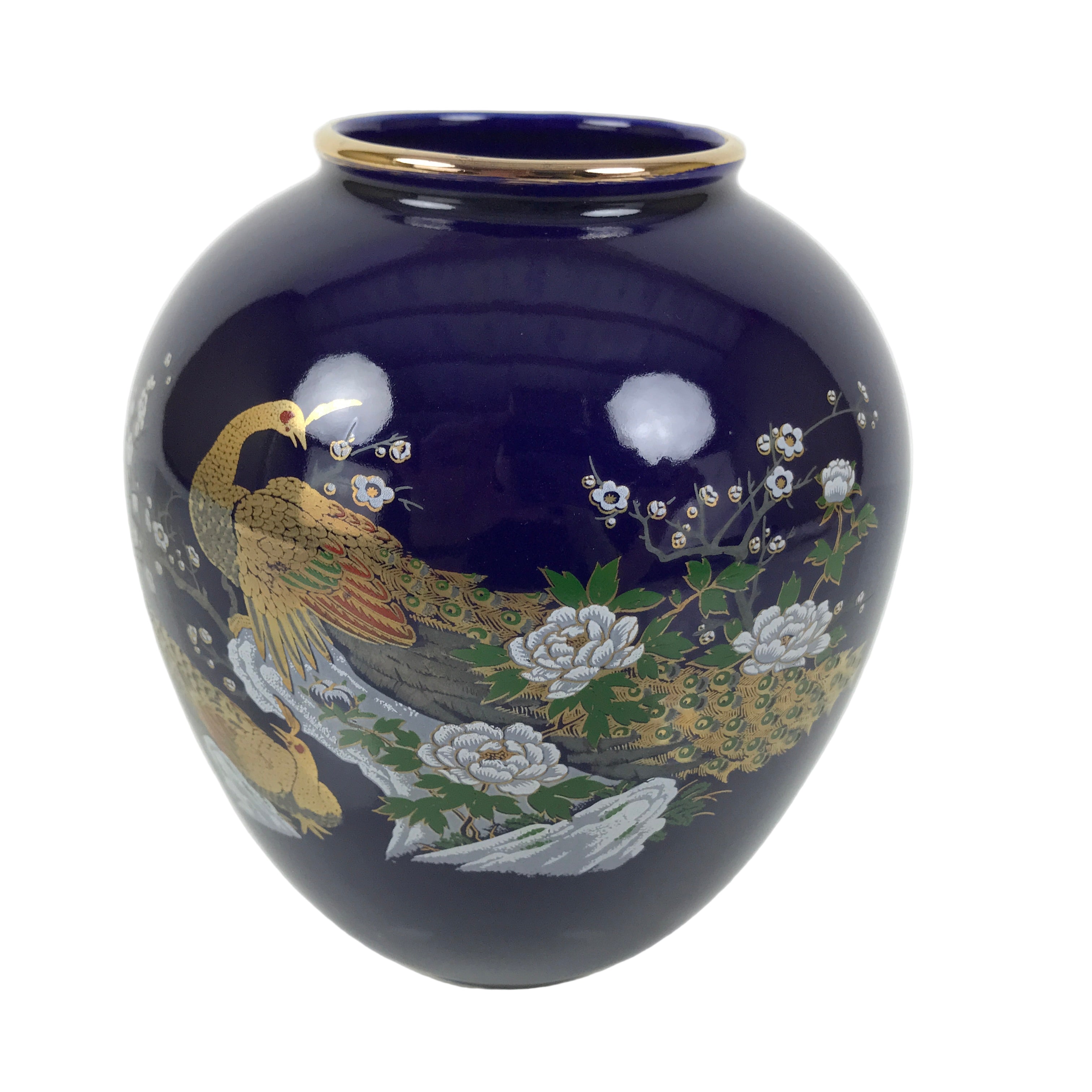 Japanese Porcelain Flower Vase Vtg Kabin Blue Peacock Bird Gold Floral FK218