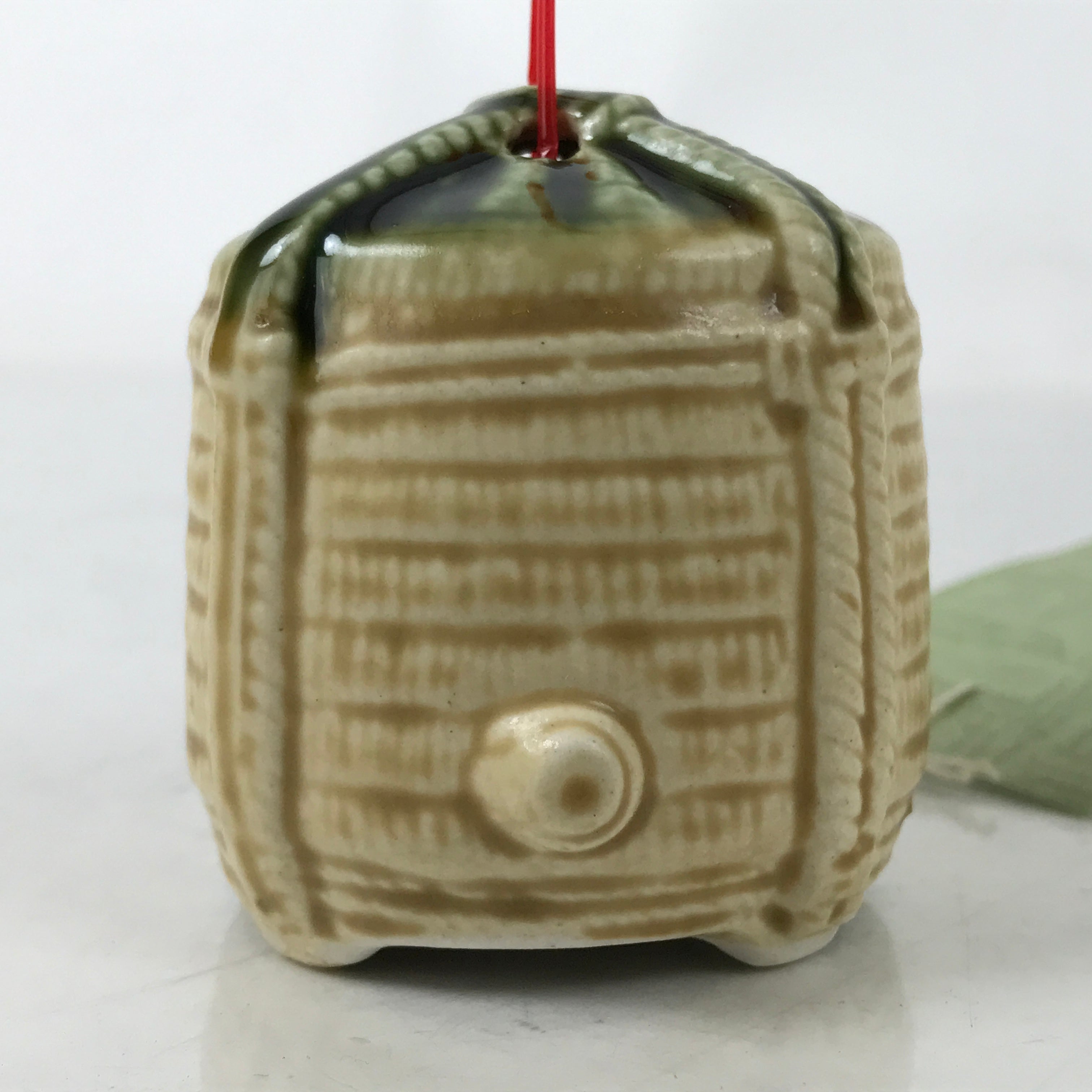 Japanese Porcelain Furin Wind Chime Vtg Green Beige Sake Barrel Komodaru DR571