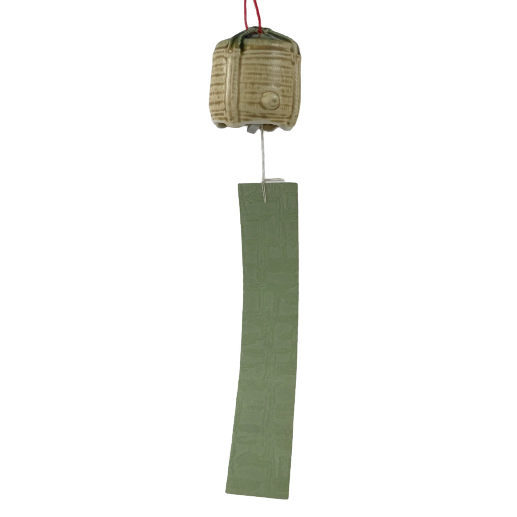 Japanese Porcelain Furin Wind Chime Vtg Green Beige Sake Barrel Komodaru DR571