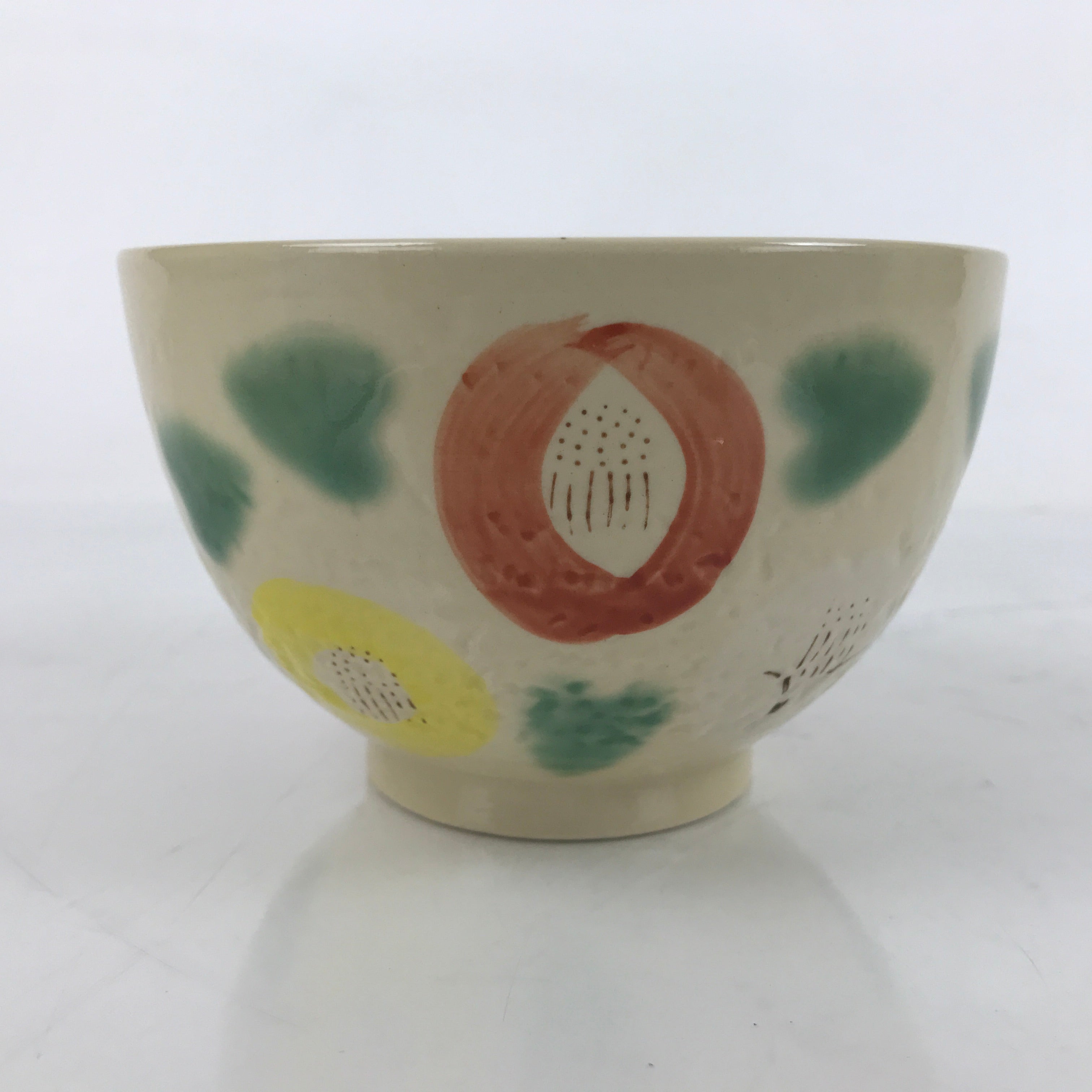 Japanese Porcelain Green Tea Bowl Matcha Chawan Vtg Beige Red Yellow CHB78