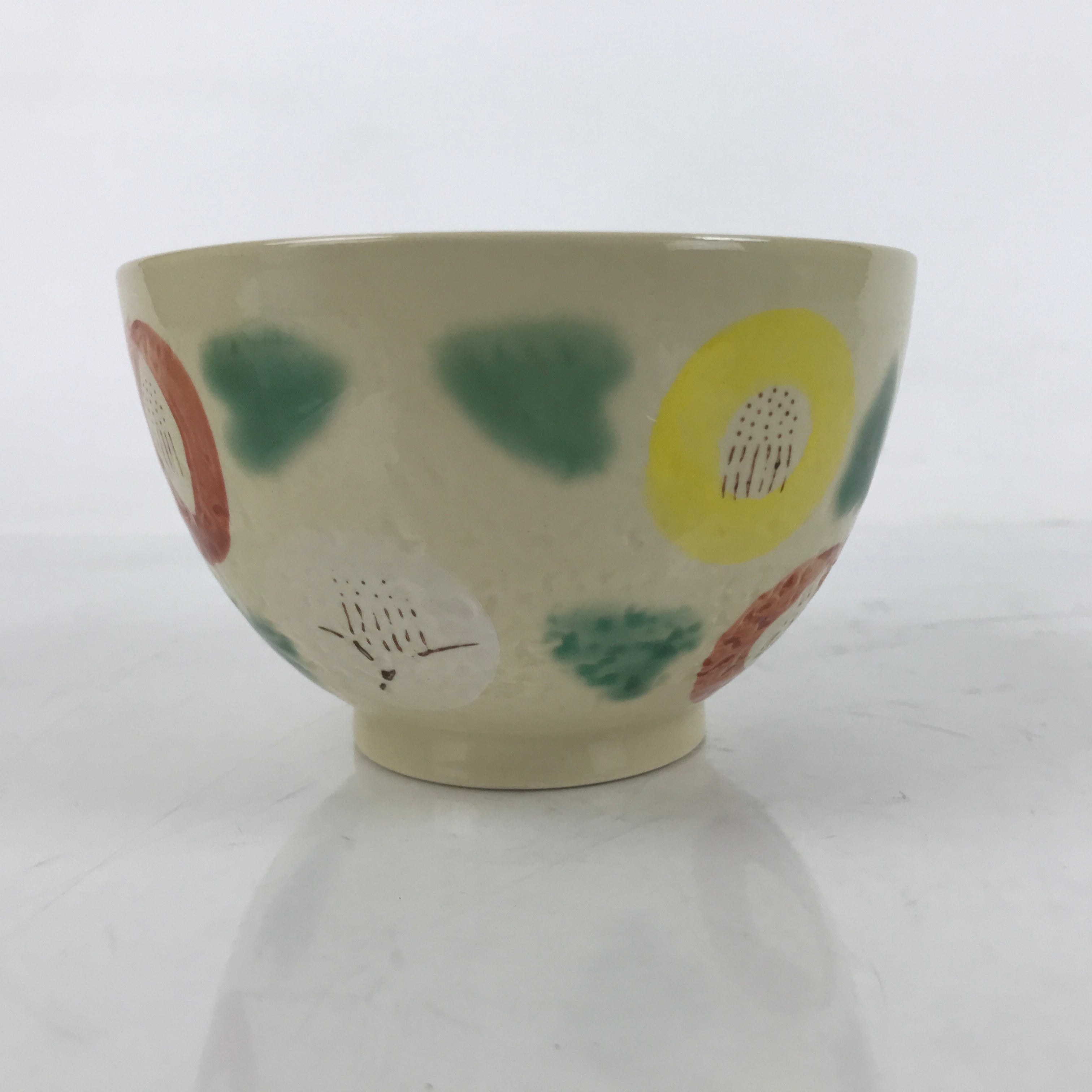 Japanese Porcelain Green Tea Bowl Matcha Chawan Vtg Beige Red Yellow CHB78