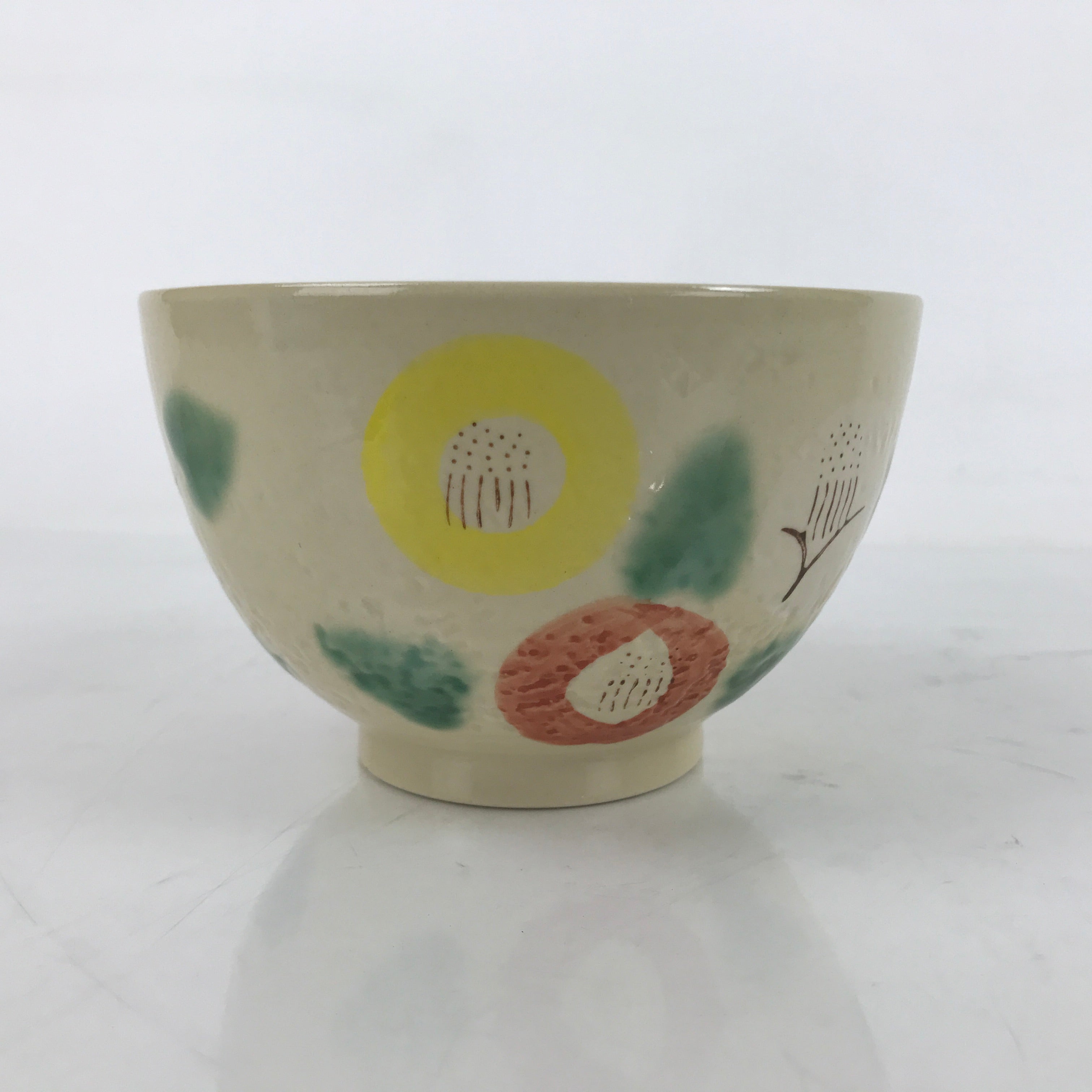 Japanese Porcelain Green Tea Bowl Matcha Chawan Vtg Beige Red Yellow CHB78