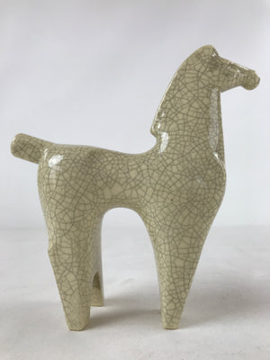 Japanese Porcelain Horse Figurine Vtg Zodiac Animal Beige Crackle Glaze BD962