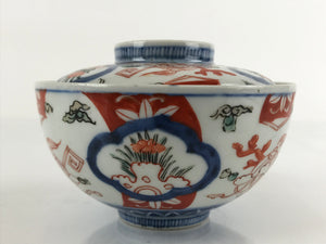 Japanese Porcelain Imari Lidded Bowl Vtg Floral Kabuto Helmet Blue Red PY721