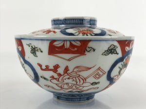 Japanese Porcelain Imari Lidded Bowl Vtg Floral Kabuto Helmet Blue Red PY721