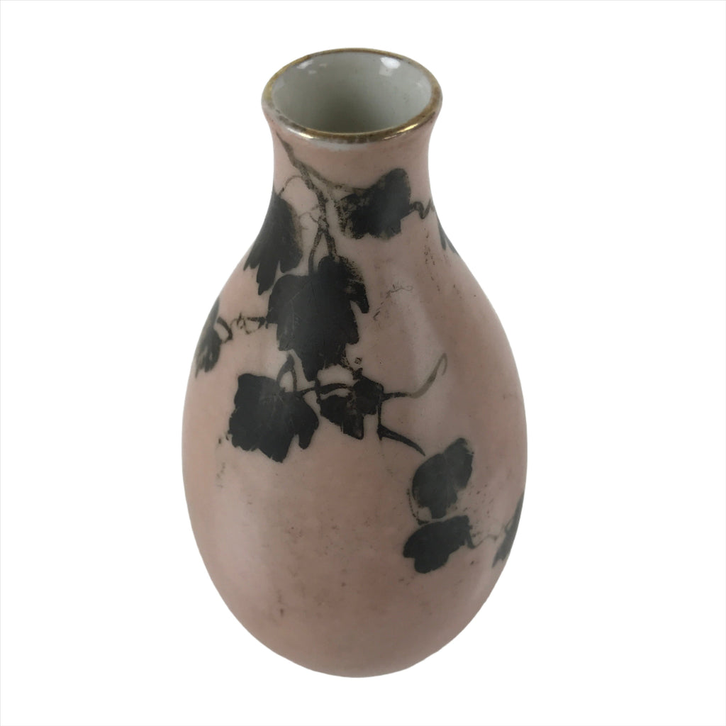 Japanese Porcelain Kutani Ware Sake Bottle Tokkuri Vtg Black Vines Pink TS660