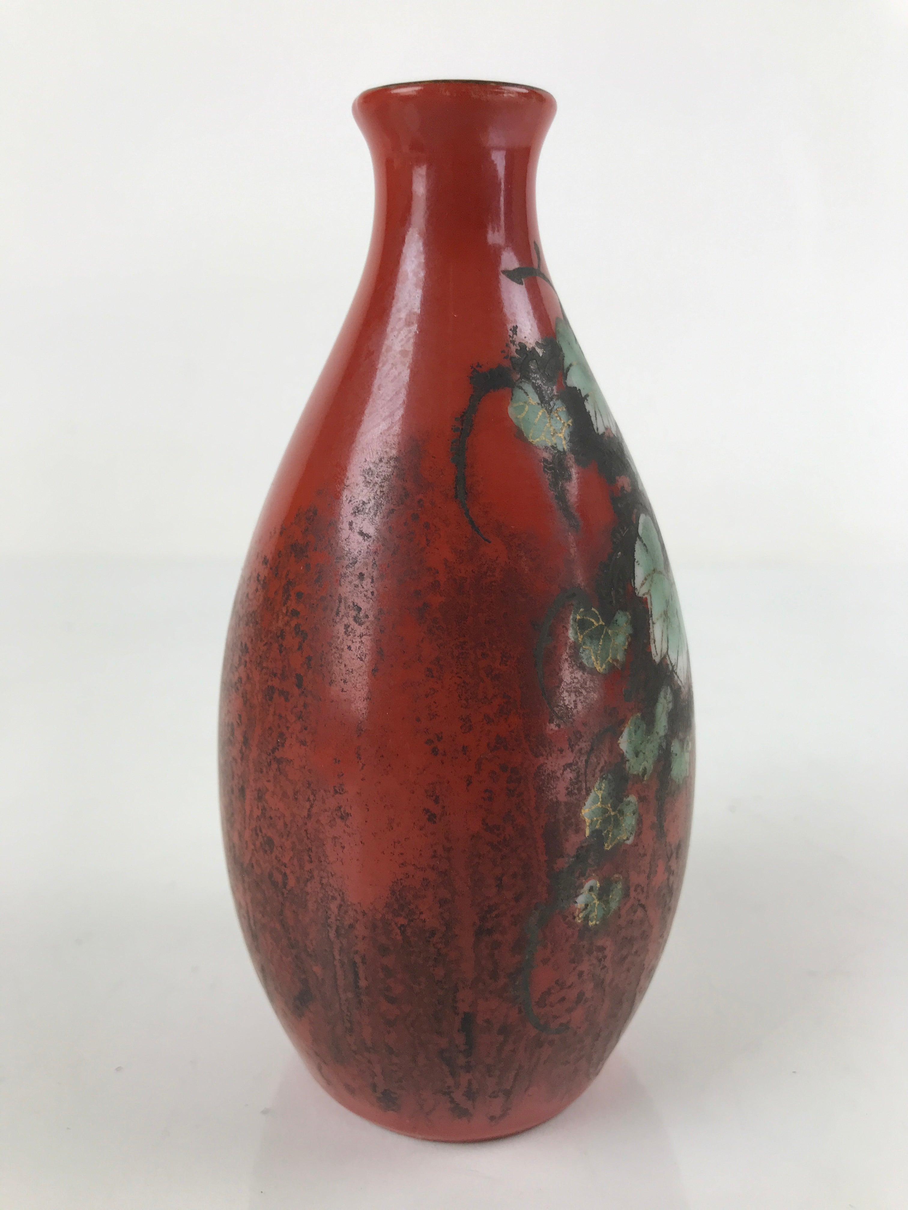 Japanese Porcelain Kutani Ware Sake Bottle Tokkuri Vtg Lush Vines Red TS661