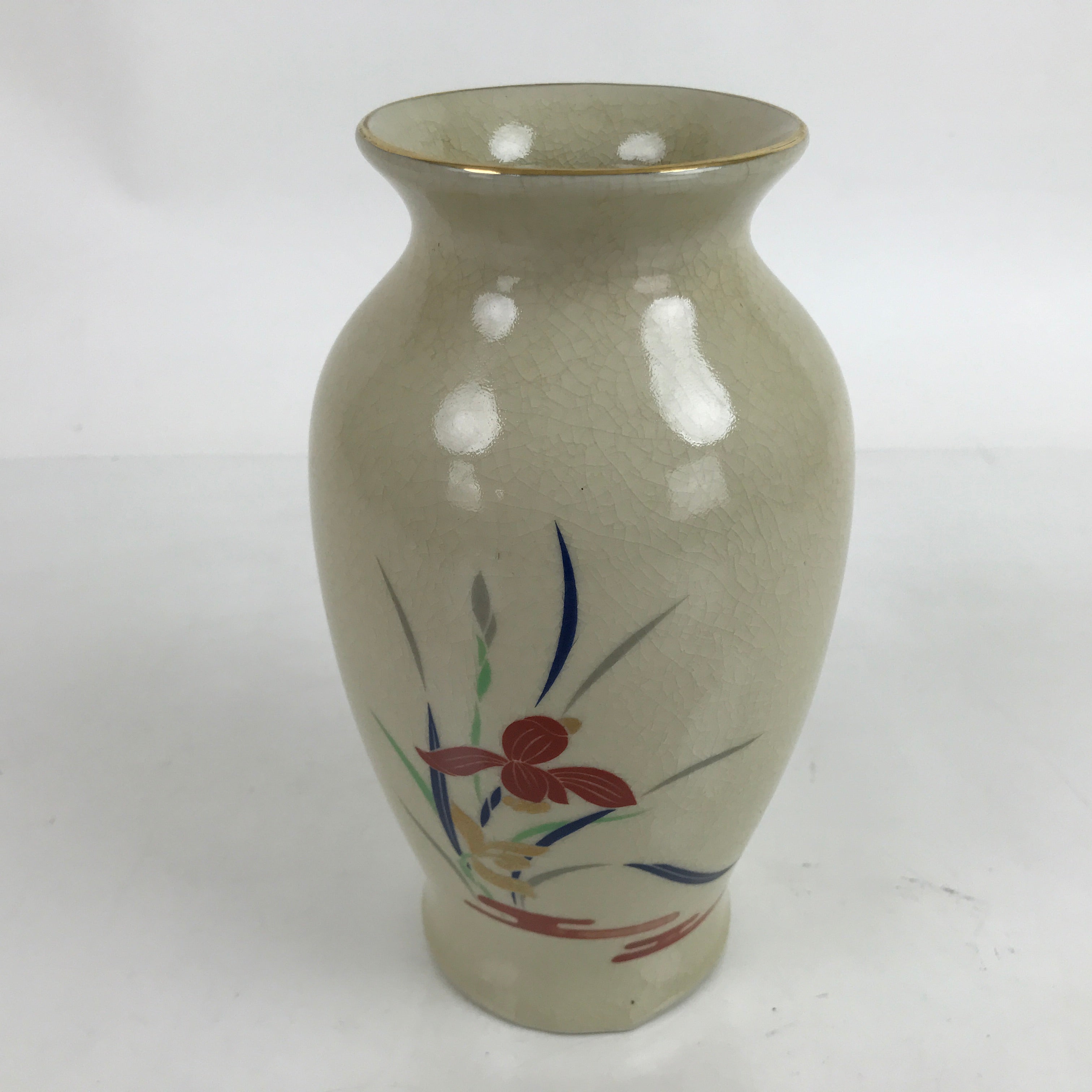 Japanese Porcelain Kyo Ware Flower Vase Vtg Ikebana Kabin Beige Iris Ayame FK124