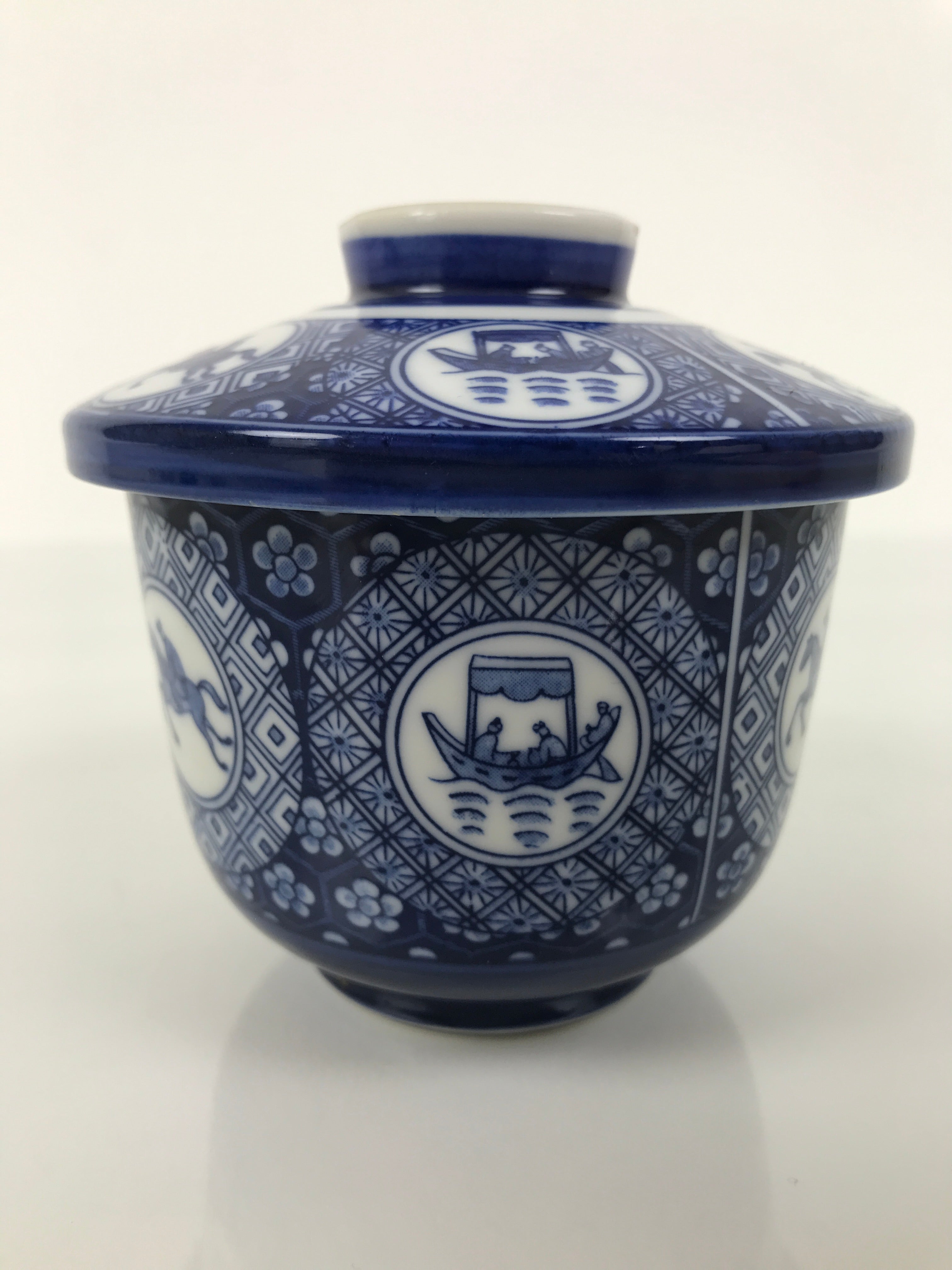 Japanese Porcelain Lidded Bowl Mushiwan Vtg White Blue Horse Boat Sometsuke Y454