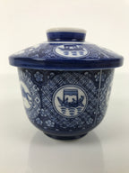 Japanese Porcelain Lidded Bowl Mushiwan Vtg White Blue Horse Boat Sometsuke Y454