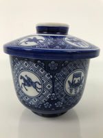 Japanese Porcelain Lidded Bowl Mushiwan Vtg White Blue Horse Boat Sometsuke Y454