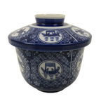 Japanese Porcelain Lidded Bowl Mushiwan Vtg White Blue Horse Boat Sometsuke Y454