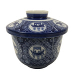 Japanese Porcelain Lidded Bowl Mushiwan Vtg White Blue Horse Boat Sometsuke Y454