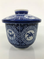 Japanese Porcelain Lidded Bowl Mushiwan Vtg White Blue Horse Boat Sometsuke Y455