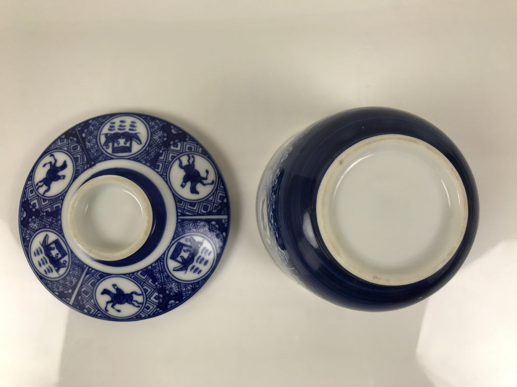Japanese Porcelain Lidded Bowl Mushiwan Vtg White Blue Horse Boat Sometsuke Y455