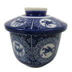Japanese Porcelain Lidded Bowl Mushiwan Vtg White Blue Horse Boat Sometsuke Y455
