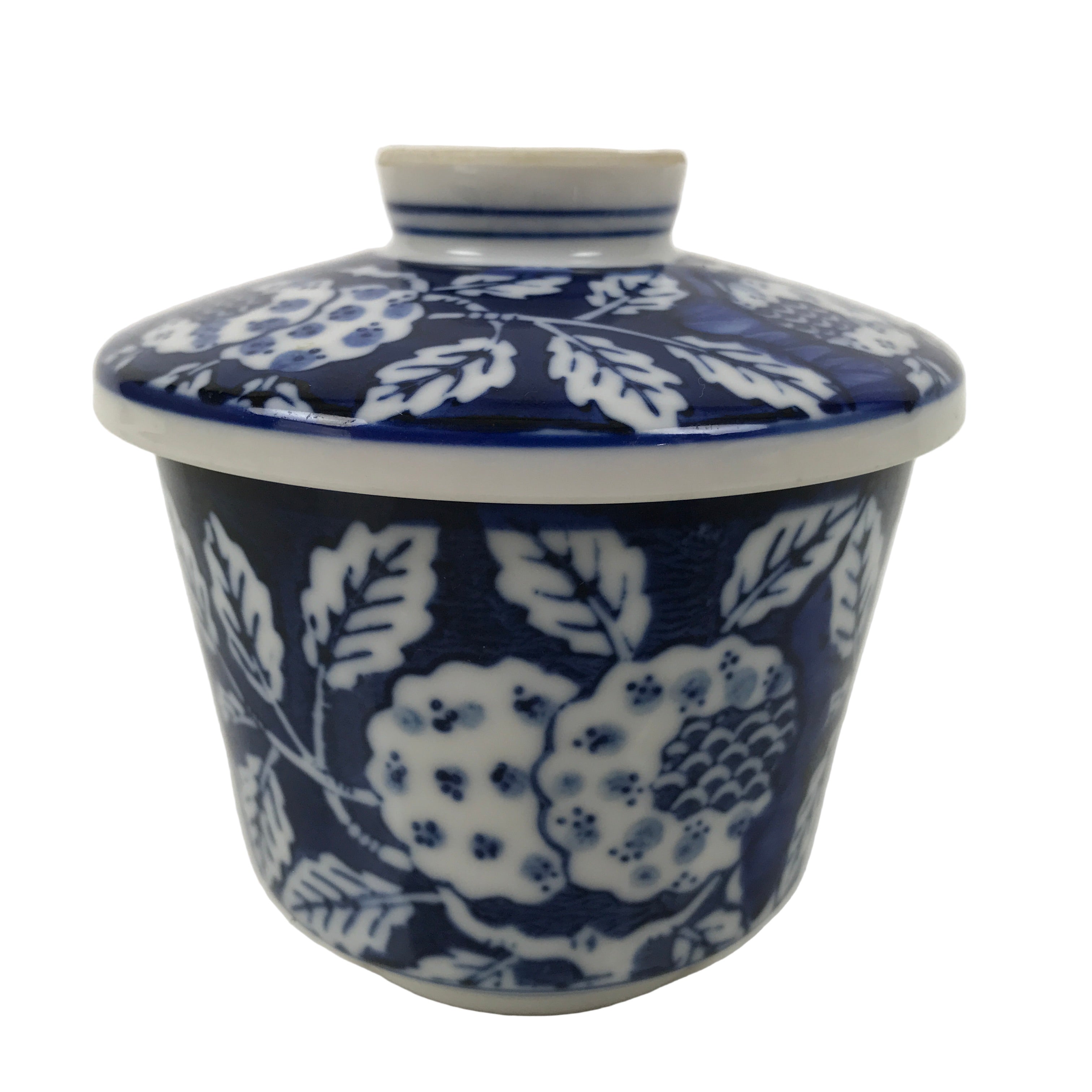 Japanese Porcelain Lidded Bowl Mushiwan White Blue Leaf Floral Sometsuke Y456
