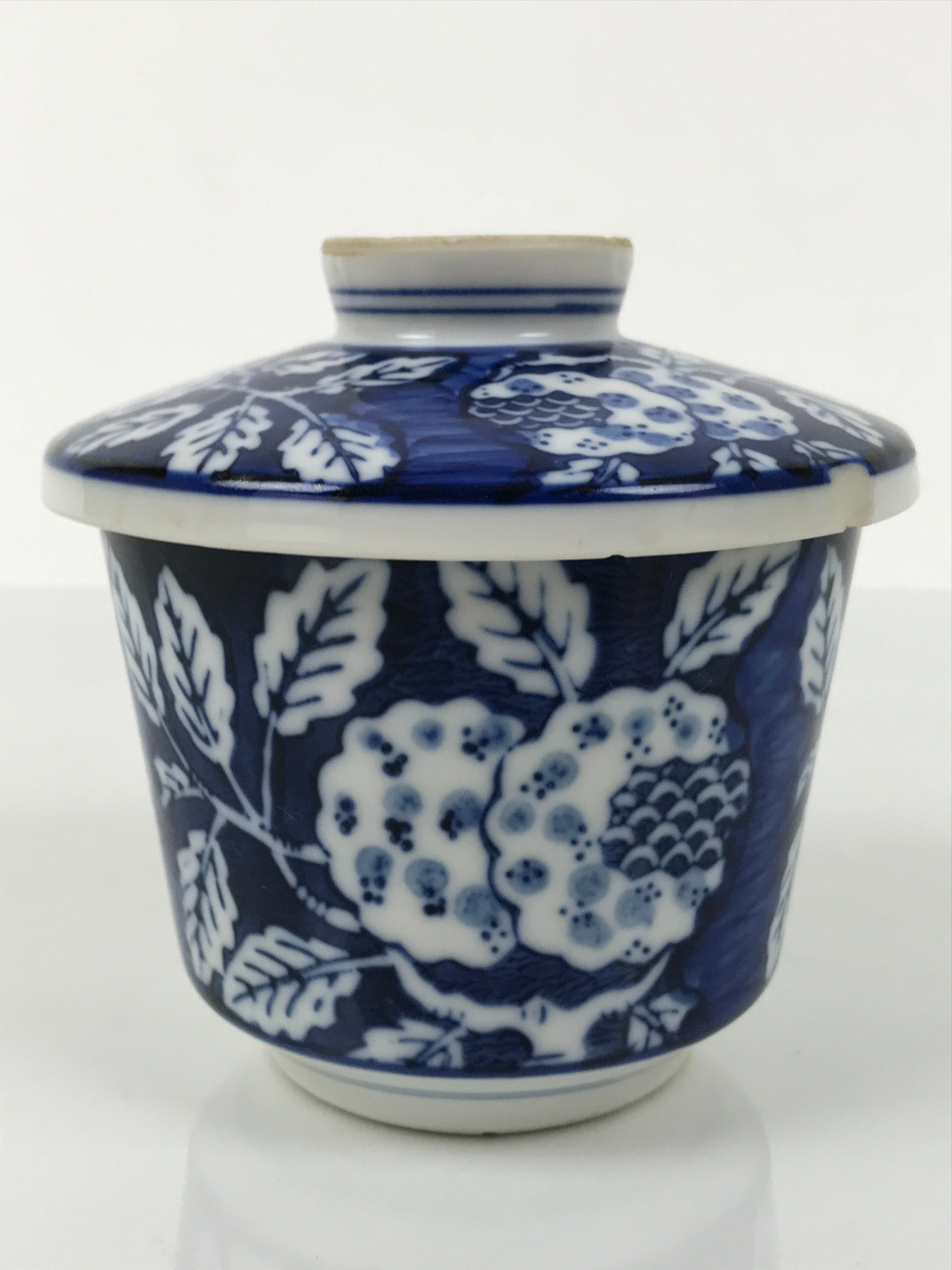 Japanese Porcelain Lidded Bowl Mushiwan White Blue Leaf Floral Sometsuke Y457