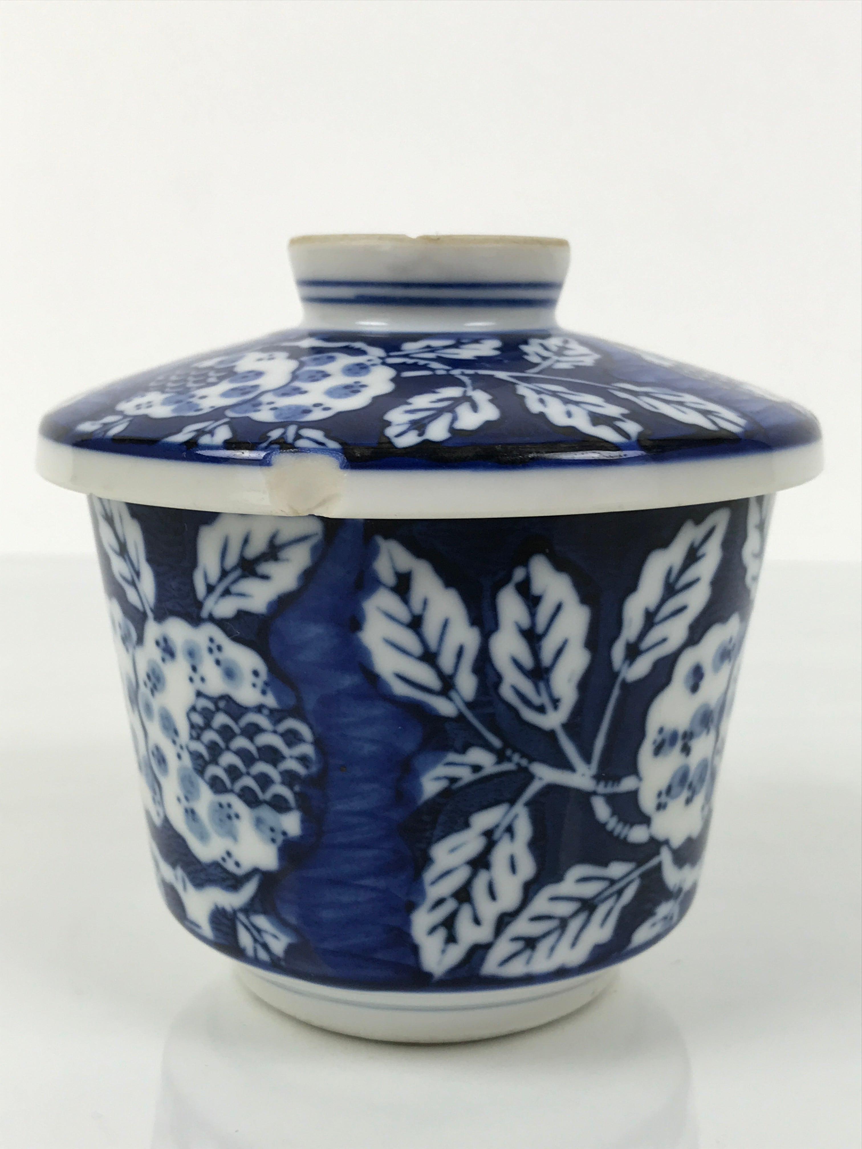 Japanese Porcelain Lidded Bowl Mushiwan White Blue Leaf Floral Sometsuke Y457