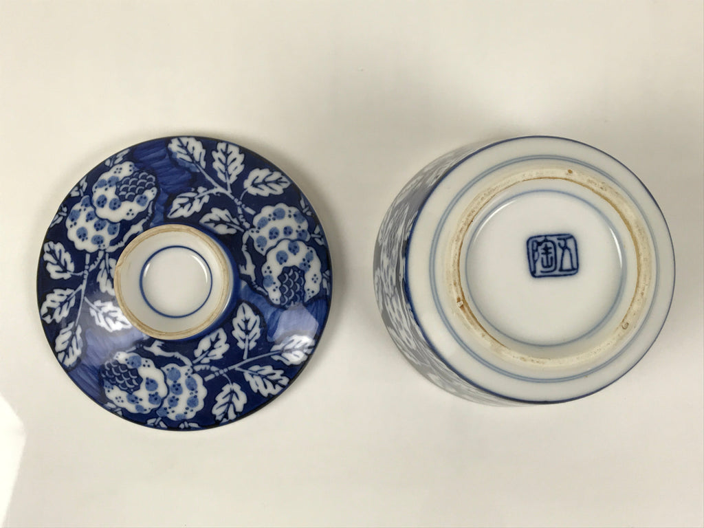 Japanese Porcelain Lidded Bowl Mushiwan White Blue Leaf Floral Sometsuke Y457