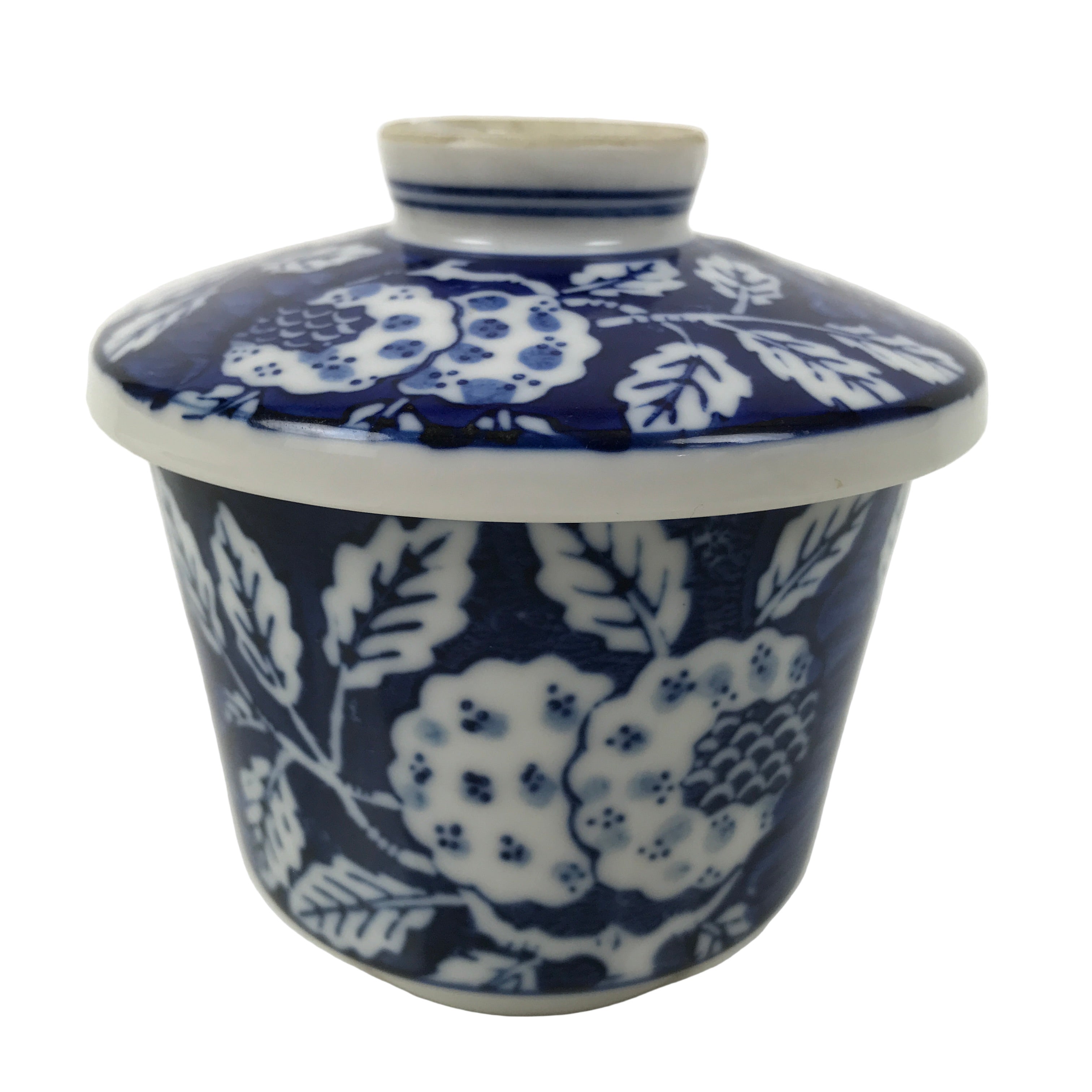 Japanese Porcelain Lidded Bowl Mushiwan White Blue Leaf Floral Sometsuke Y458