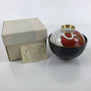 Japanese Porcelain Lidded Bowl Owan Vtg Kyo Yaki Kiyomizu Yaki Crane Black PX753